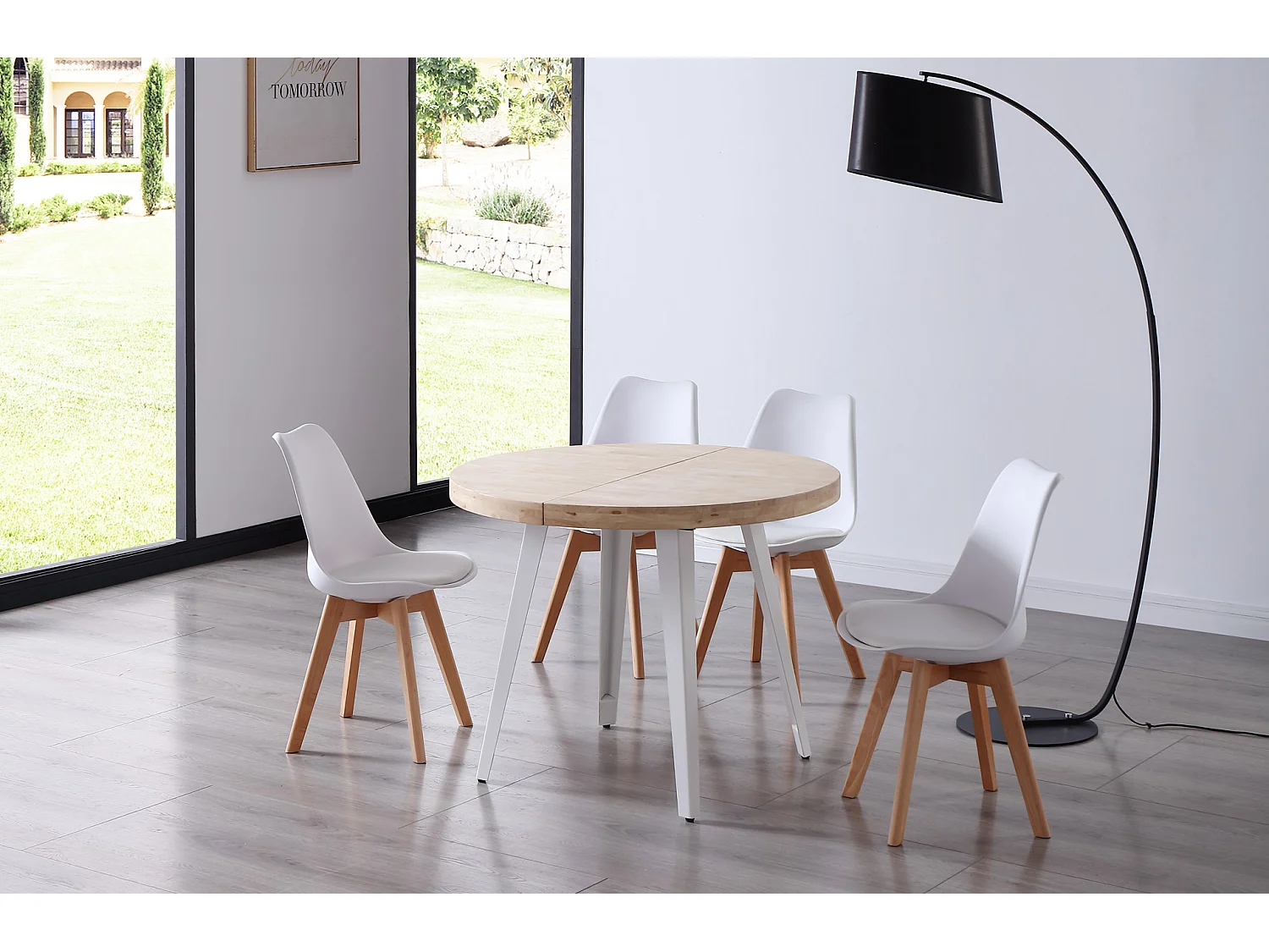 Table à manger ronde extensible en bois coloris chêne nordique pieds blanc - diamètre 100-180 x hauteur 76 cm