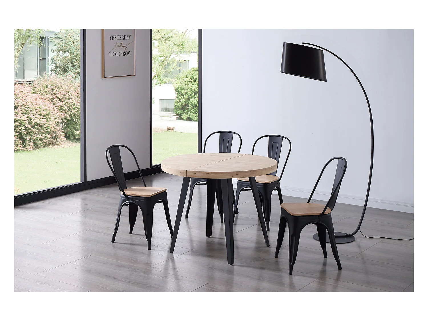 Table à manger ronde extensible en bois coloris chêne nordique pieds noir - diamètre 100-180 x hauteur 76 cm