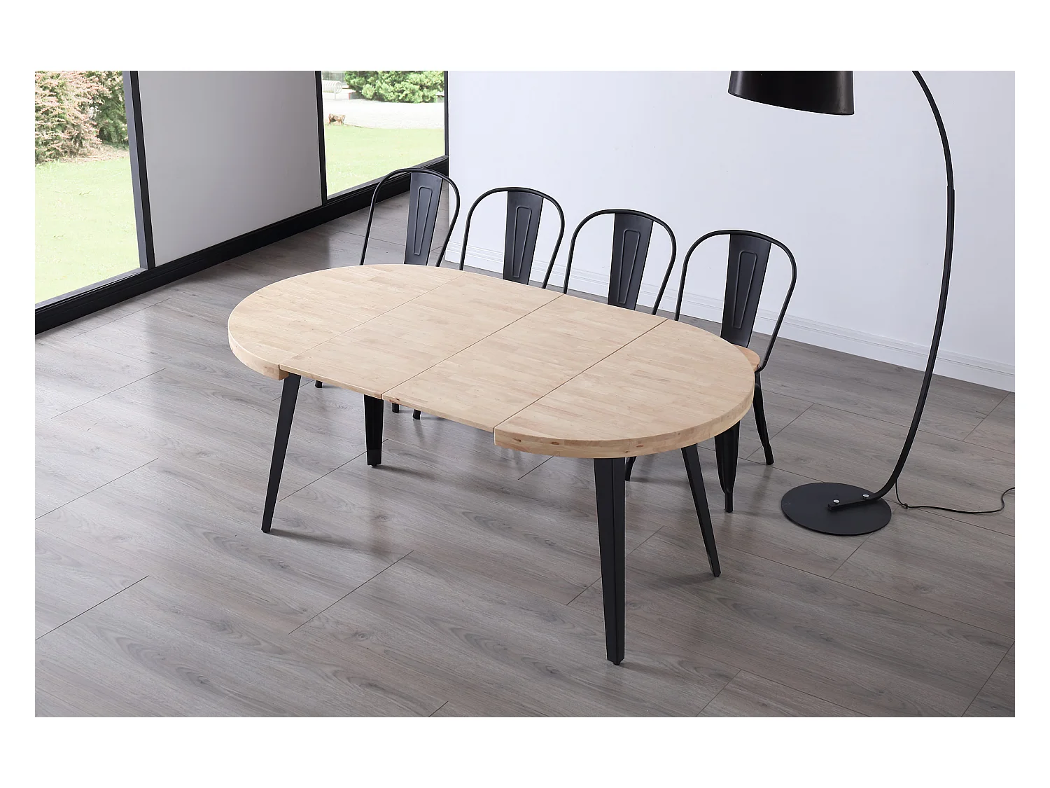 Table à manger ronde extensible en bois coloris chêne nordique pieds noir - diamètre 100-180 x hauteur 76 cm