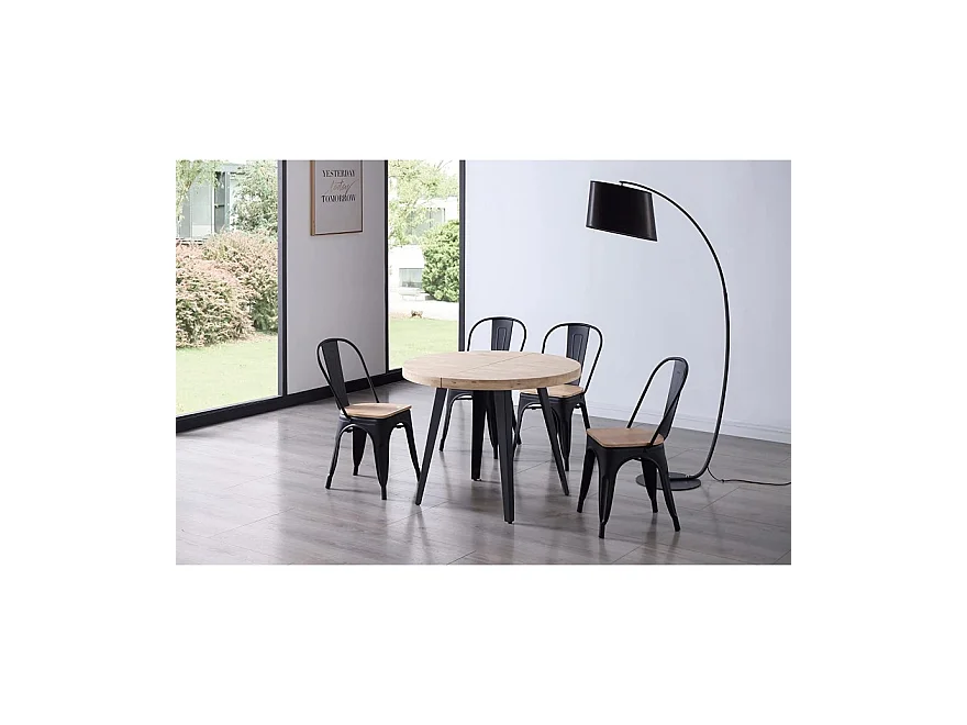 Table à manger ronde extensible en bois coloris chêne nordique / pieds noir - diamètre 100-180  x hauteur 76 cm