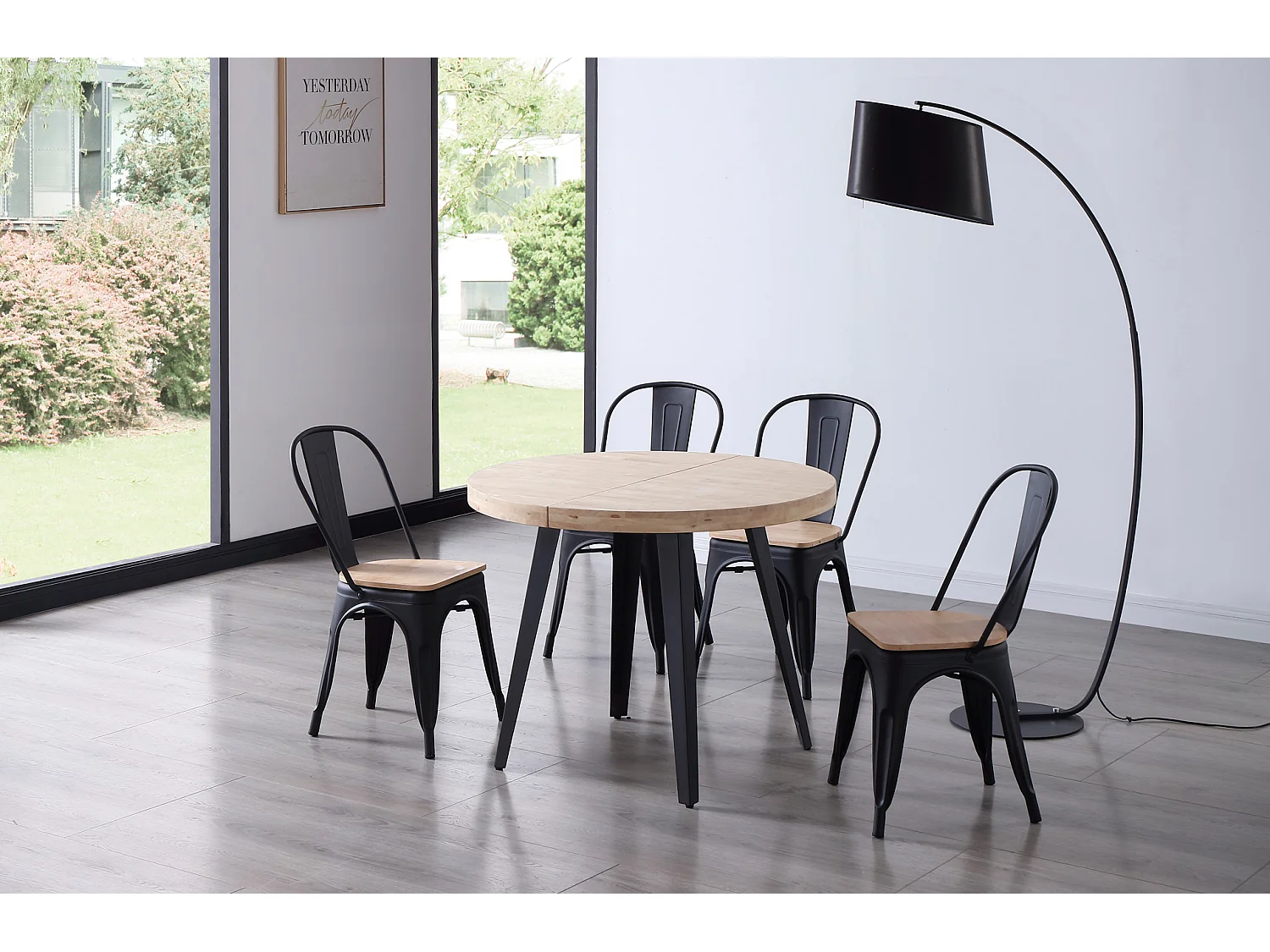 Table à manger ronde extensible en bois coloris chêne nordique pieds noir - diamètre 100-180 x hauteur 76 cm