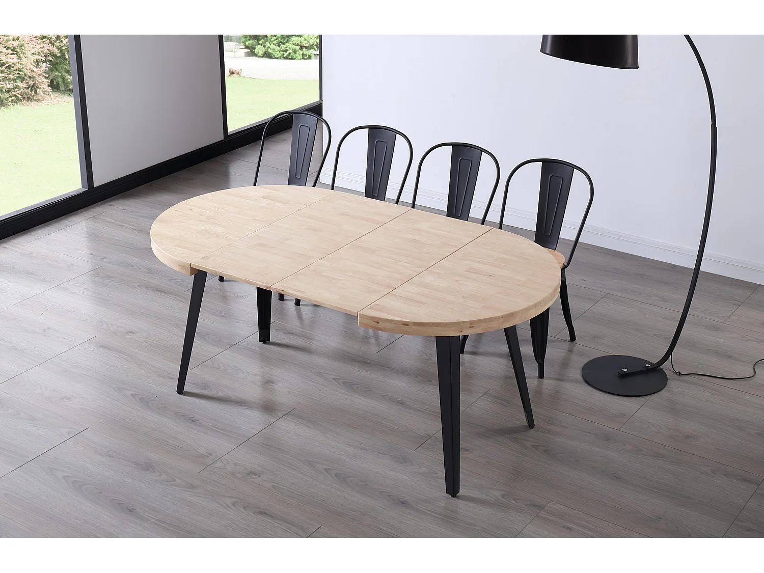Table à manger ronde extensible en bois coloris chêne nordique pieds noir - diamètre 100-180 x hauteur 76 cm