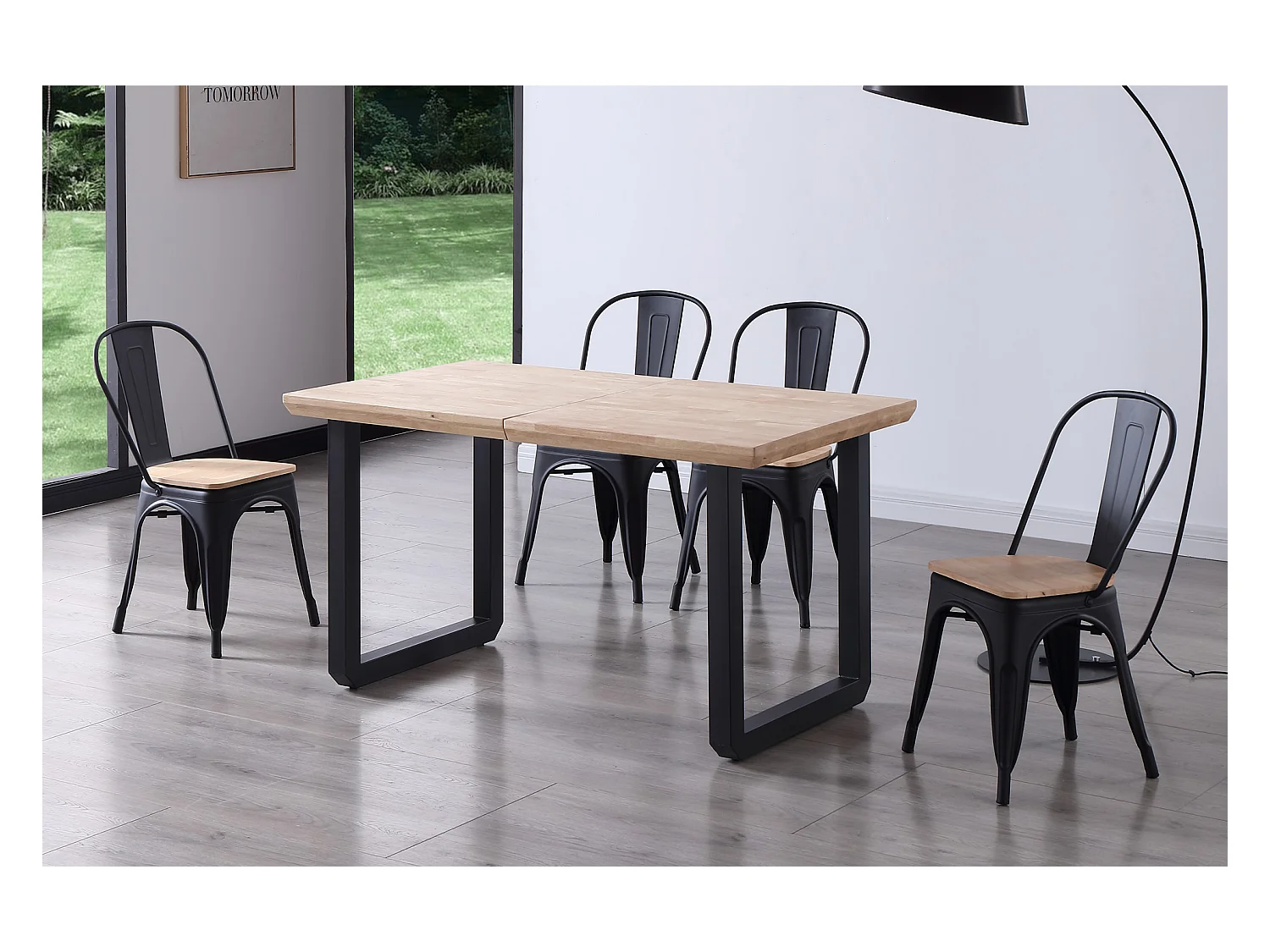 Table à manger rectangulaire extensible en bois coloris chêne nordique pieds noir - longueur 140-220 x profondeur 80 x hauteur 77 cm