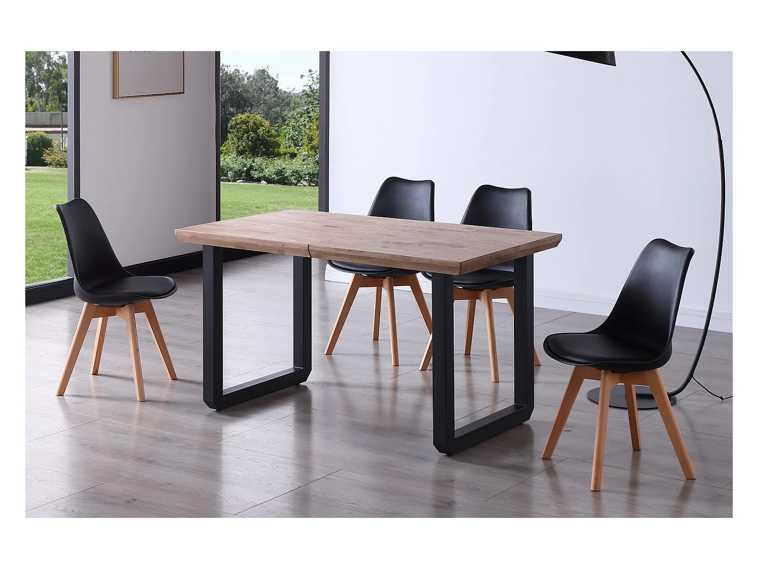 Table à manger rectangulaire extensible en bois coloris chêne miel pieds noir - longueur 140-220 x profondeur 80 x hauteur 77 cm
