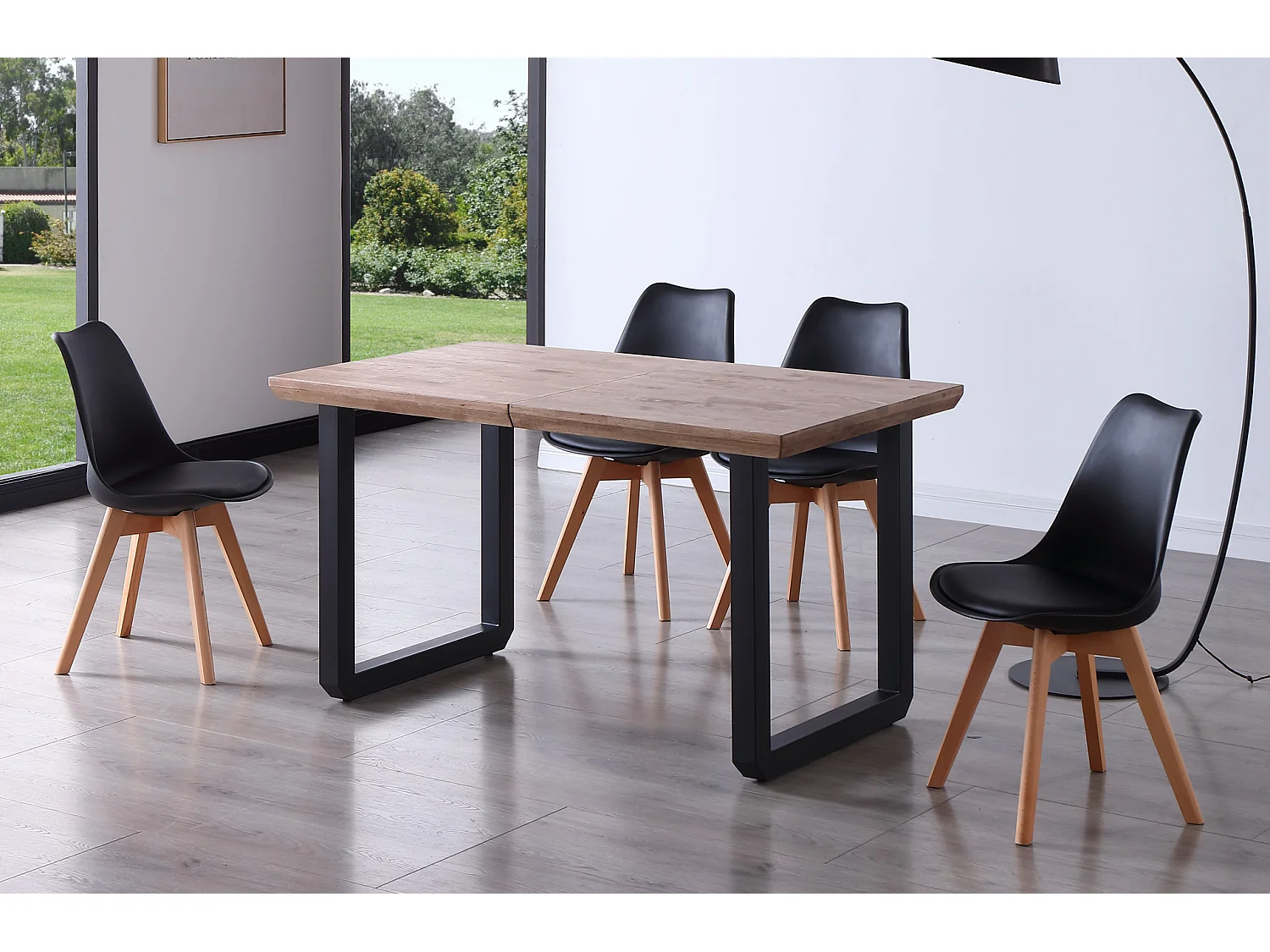 Table à manger rectangulaire extensible en bois coloris chêne miel pieds noir - longueur 140-220 x profondeur 80 x hauteur 77 cm