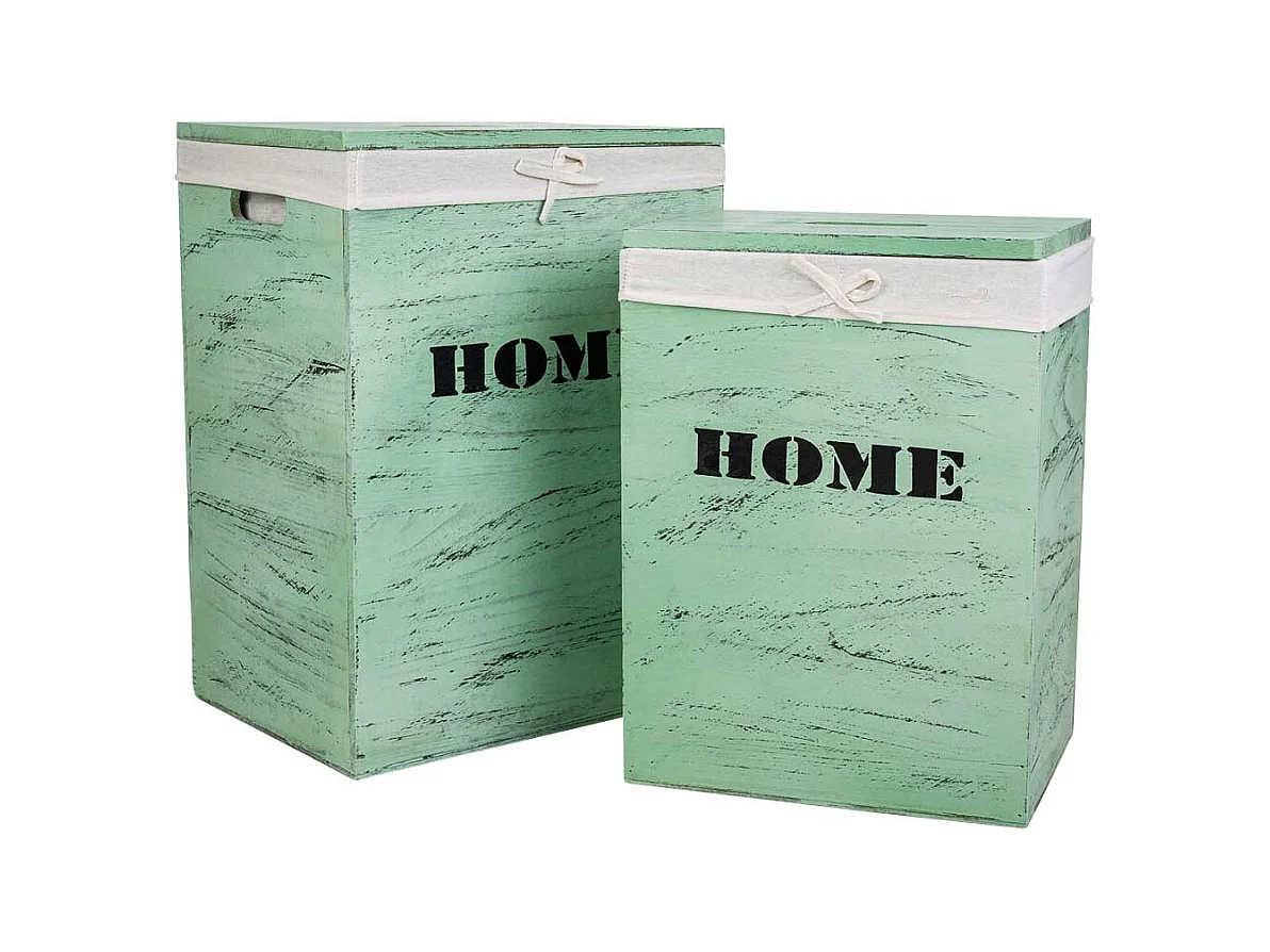 Set mit 2 grünen Wäschekörben aus Holz