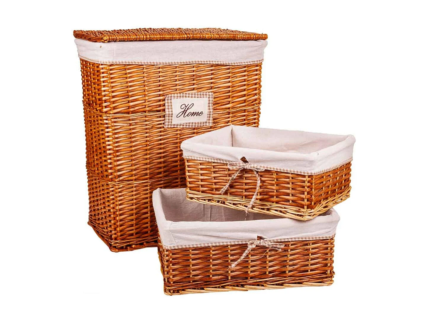 Set de corbeille à linge et 2 paniers en osier doublés marrons