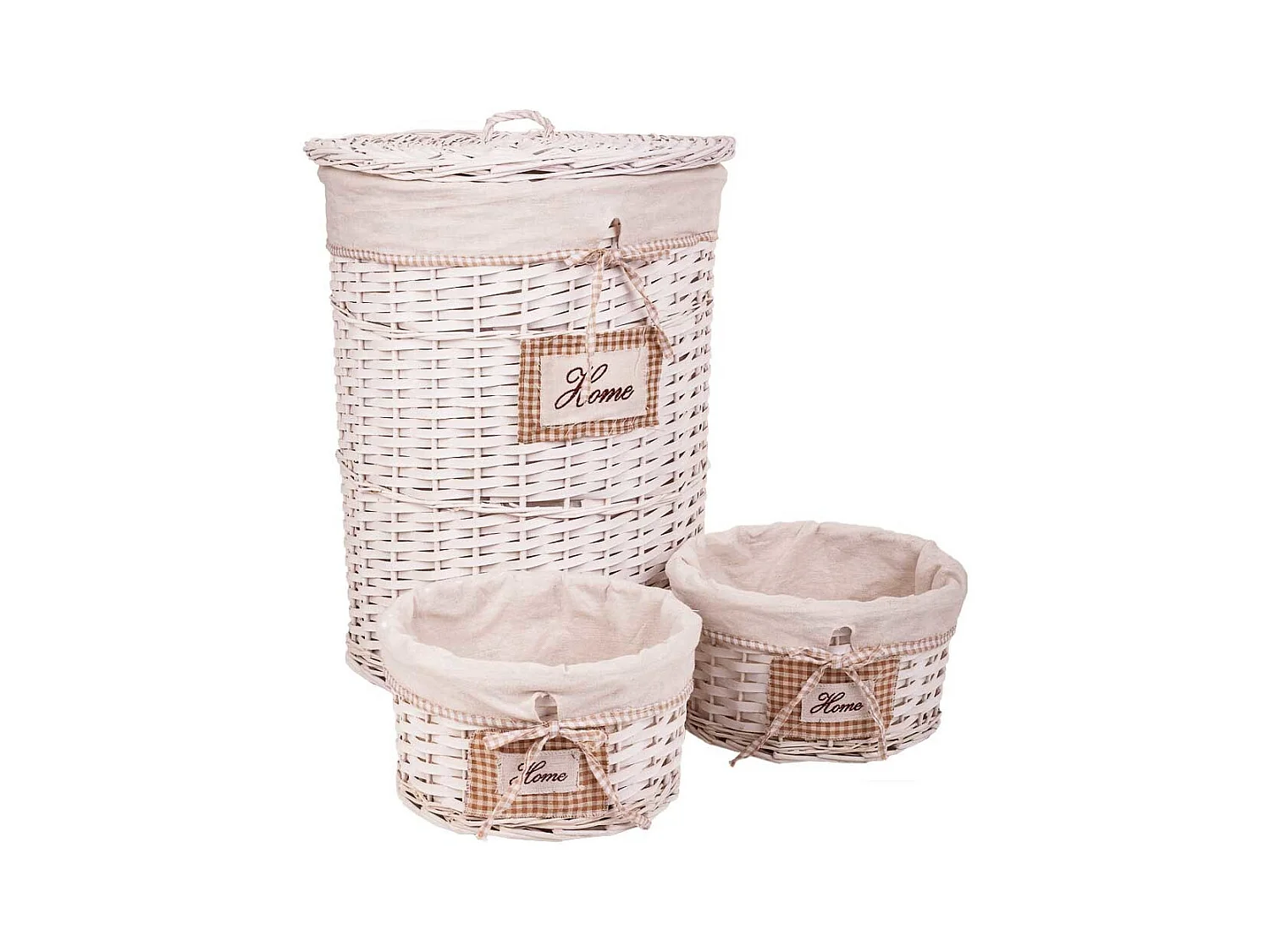 Set de corbeille à linge et deux paniers en osier doublés blancs