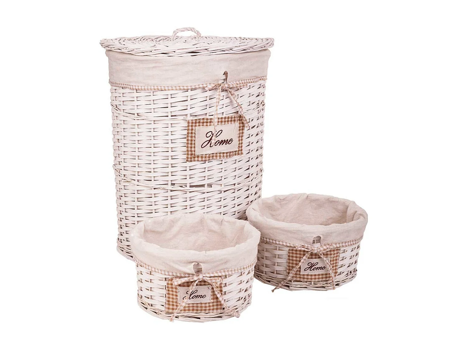 Set composto da portabiancheria e due cesti in vimini foderati di bianco