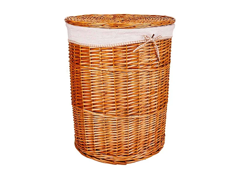 Conjunto de cesto de roupa suja e dois cestos de vime forrados em marrom