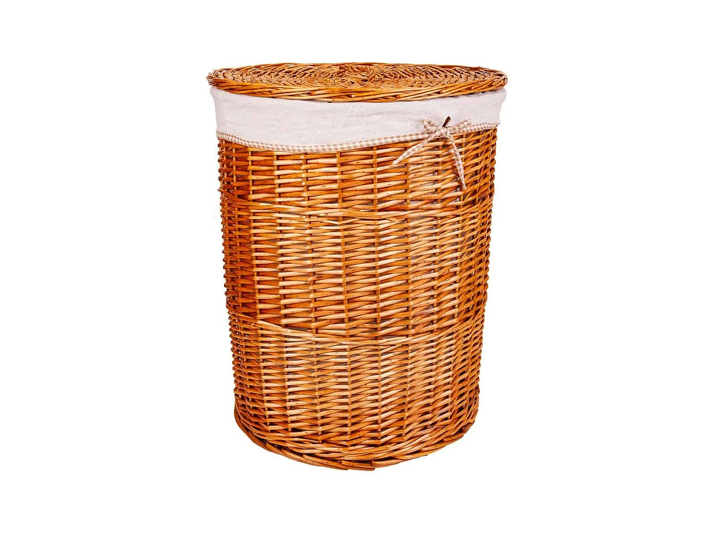 Set aus Wäschekorb und zwei braun gefütterten Weidenkörben