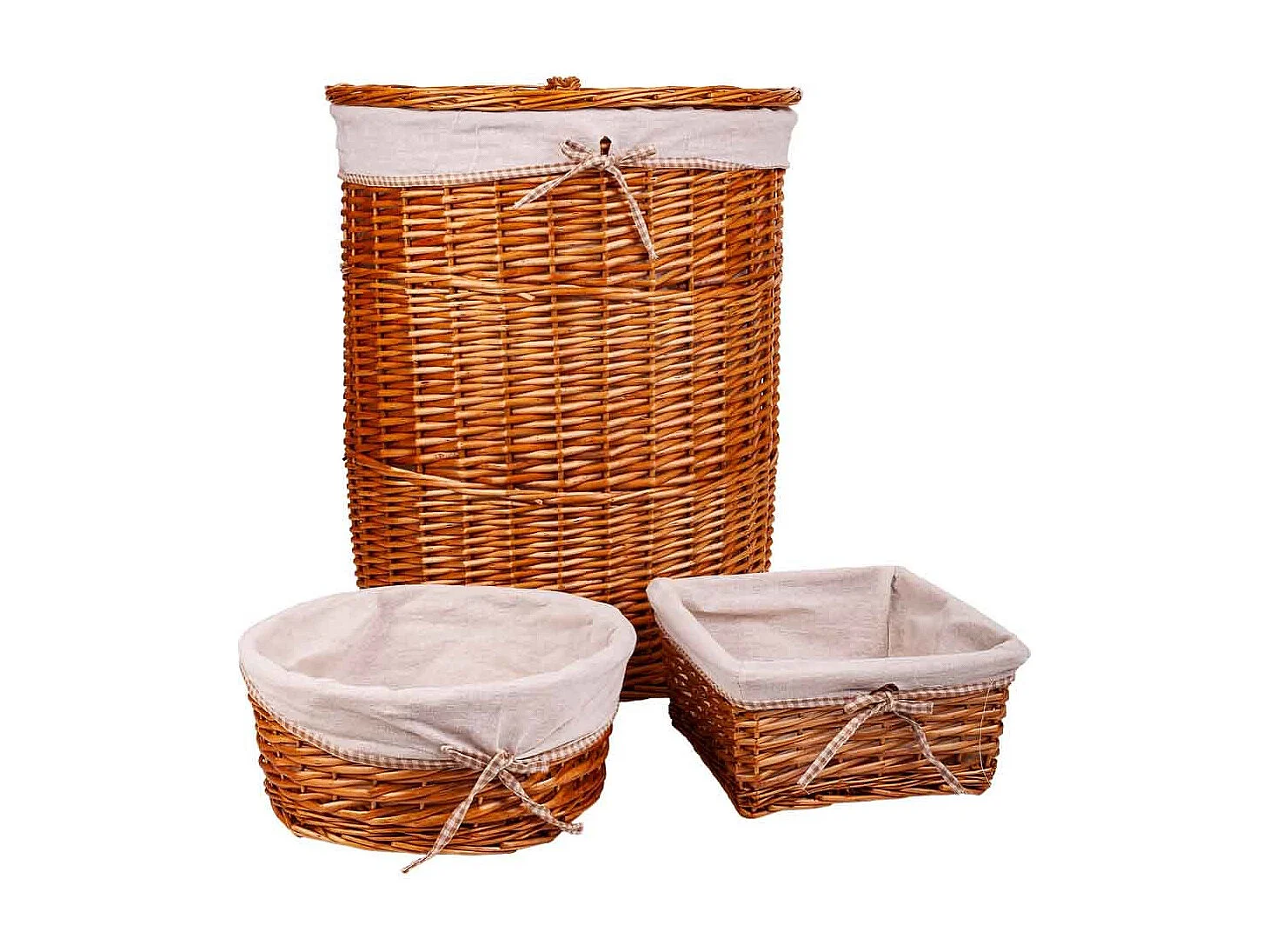 Set aus WÃ¤schekorb und zwei braun gefütterten Weidenkörben