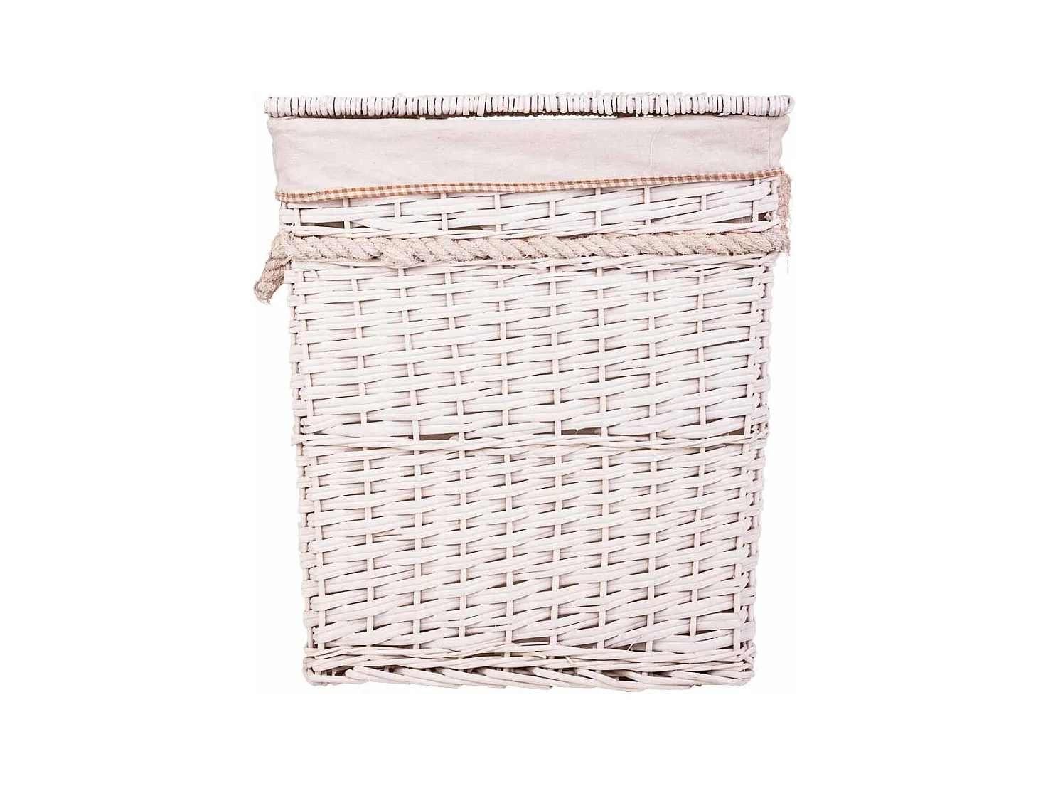 Conjunto de cesto de roupa suja e dois cestos de vime forrados de branco