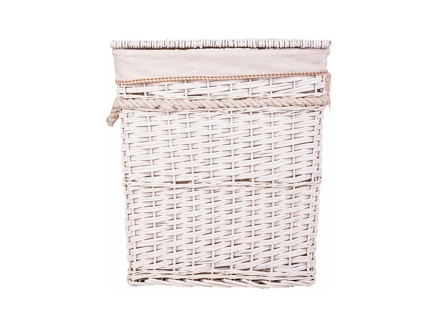 Conjunto de cesto de roupa suja e dois cestos de vime forrados de branco