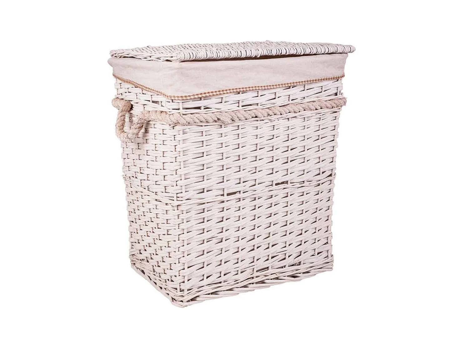 Conjunto de cesto de roupa suja e dois cestos de vime forrados de branco