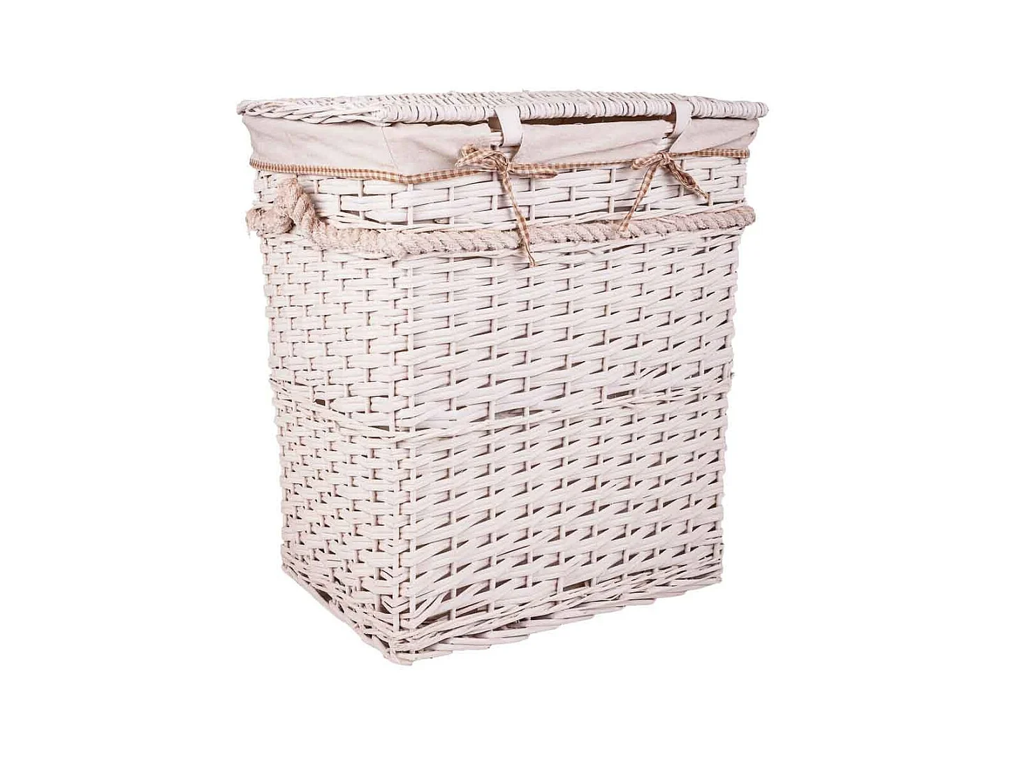 Conjunto de cesto de roupa suja e dois cestos de vime forrados de branco