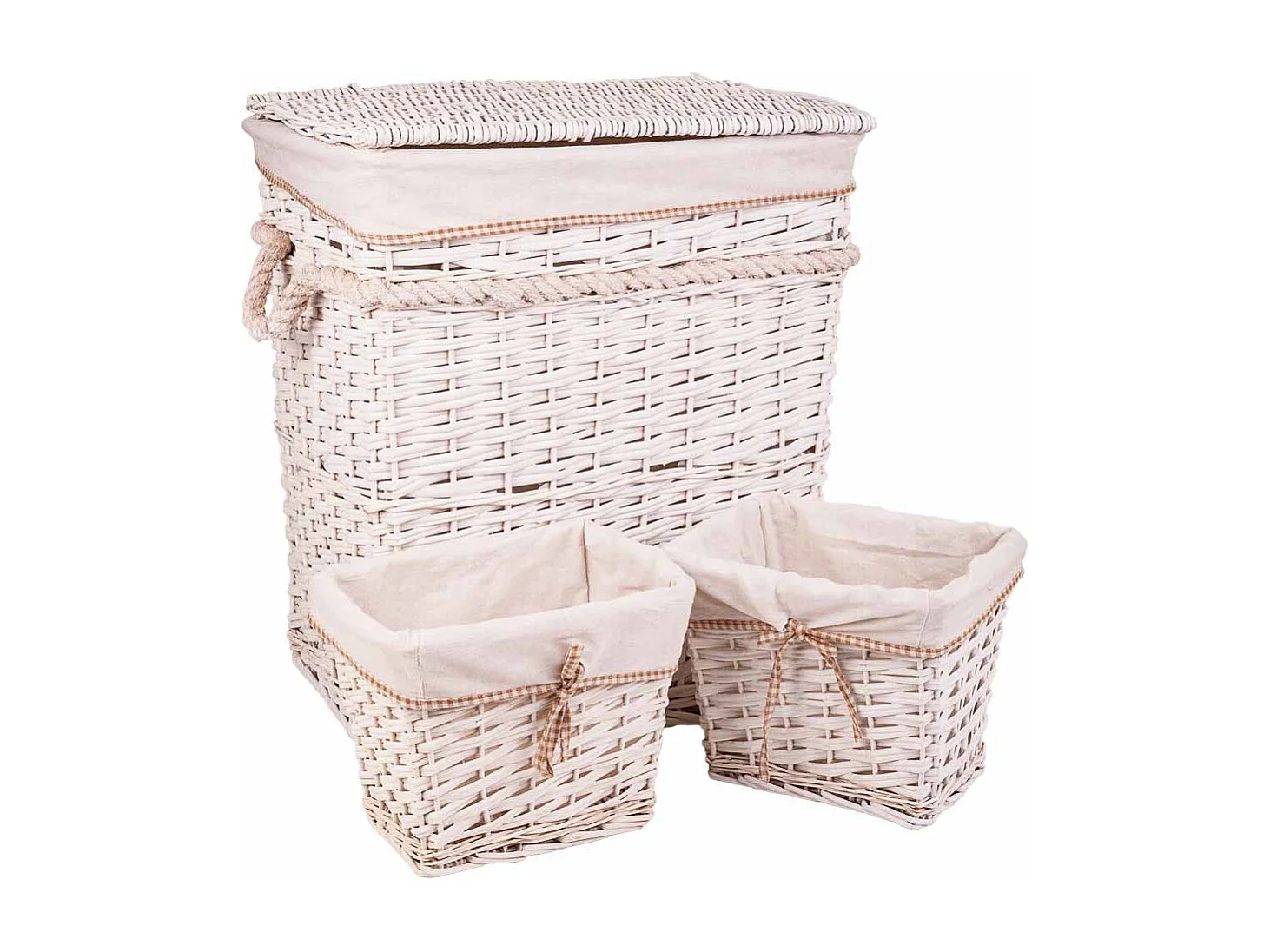 Set cesto de ropa y dos cestos de mimbre forrados blancos