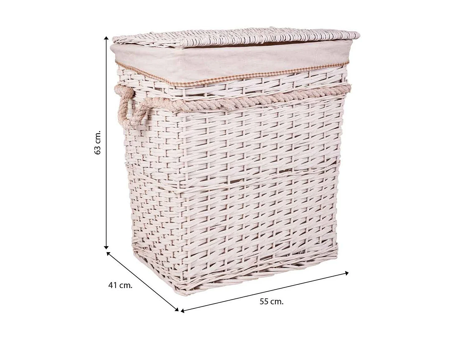Conjunto de cesto de roupa suja e dois cestos de vime forrados de branco