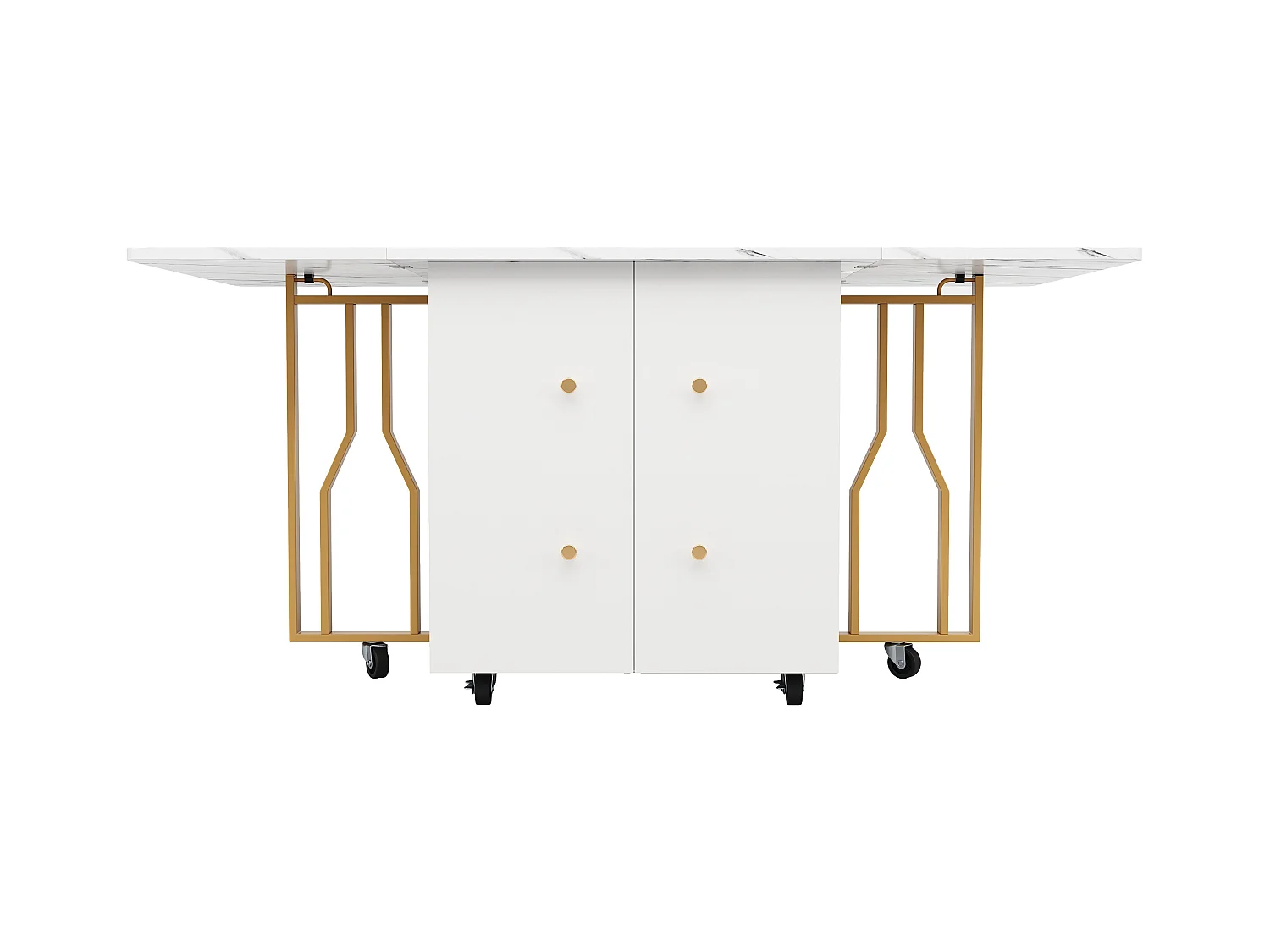 Desserte de cuisine mobile 2 portes Îlot de cuisine en bois avec plateau extensible - pieds en métal doré (80-140)x75x76.3 cm