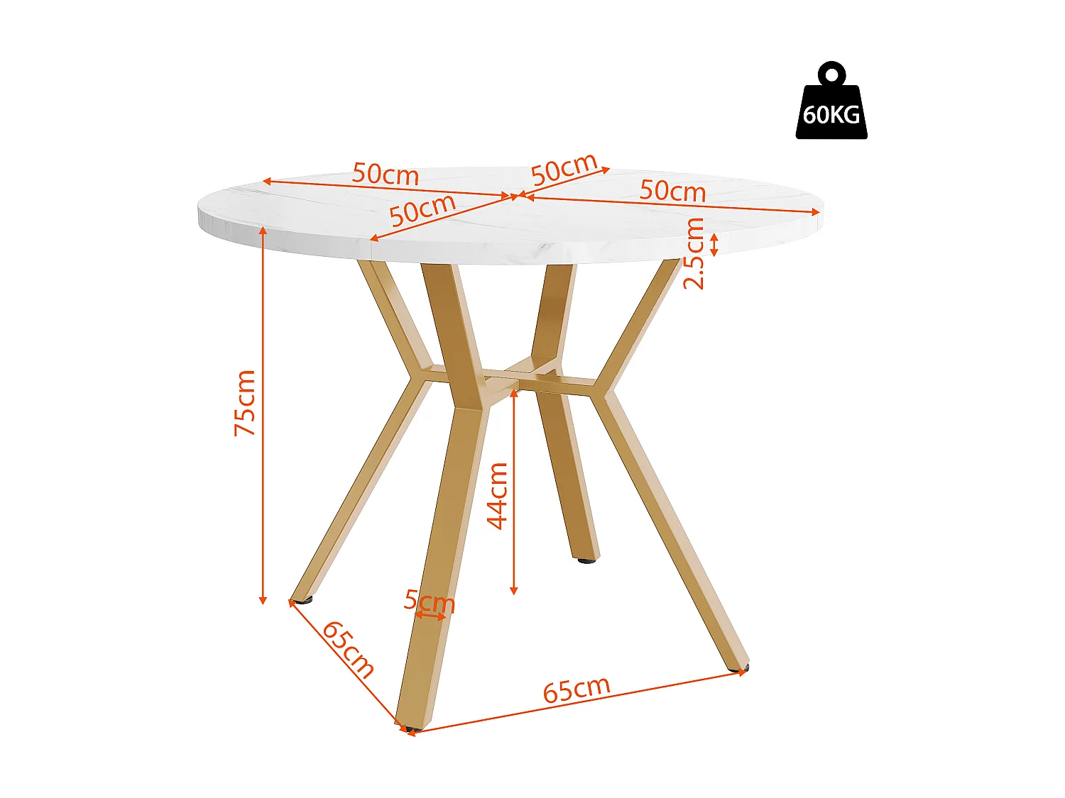 Table à manger ronde 100x100x75 cm, plateau effet marbre, structure X, MDF et acier, blanc et doré