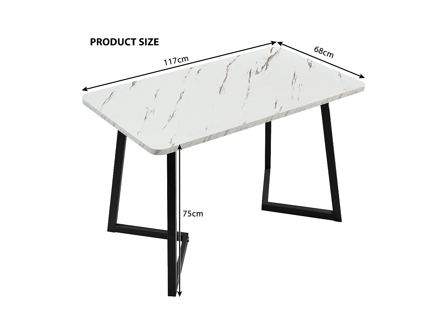 Rechthoekige eettafel voor 4-6 personen - zwarte metalen poten - wit MDF blad (117x68x75 cm)