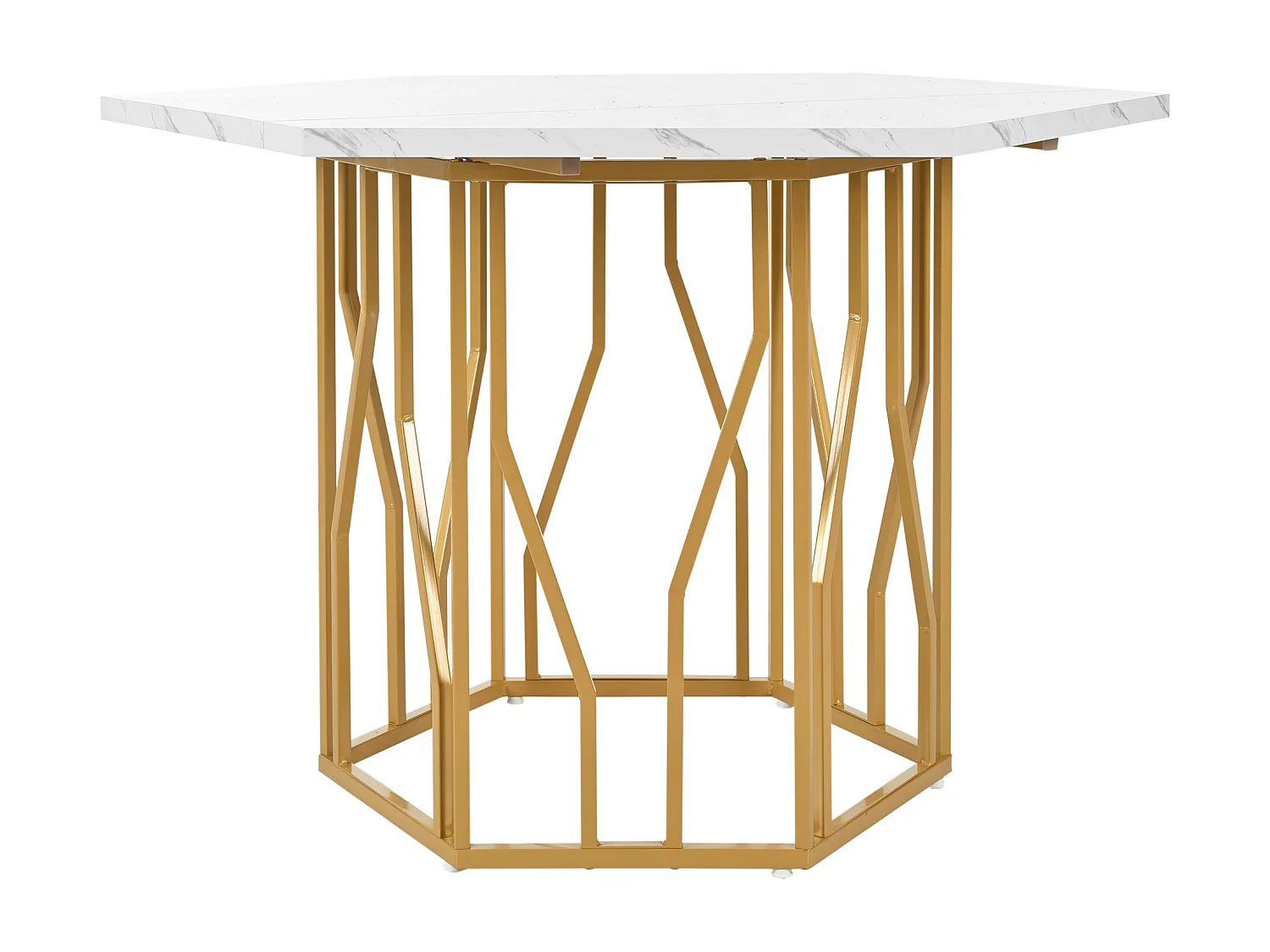 Table à manger hexagonale 115.5x115.5x75 cm pour 4-6 personnes - pied en métal doré - blanc