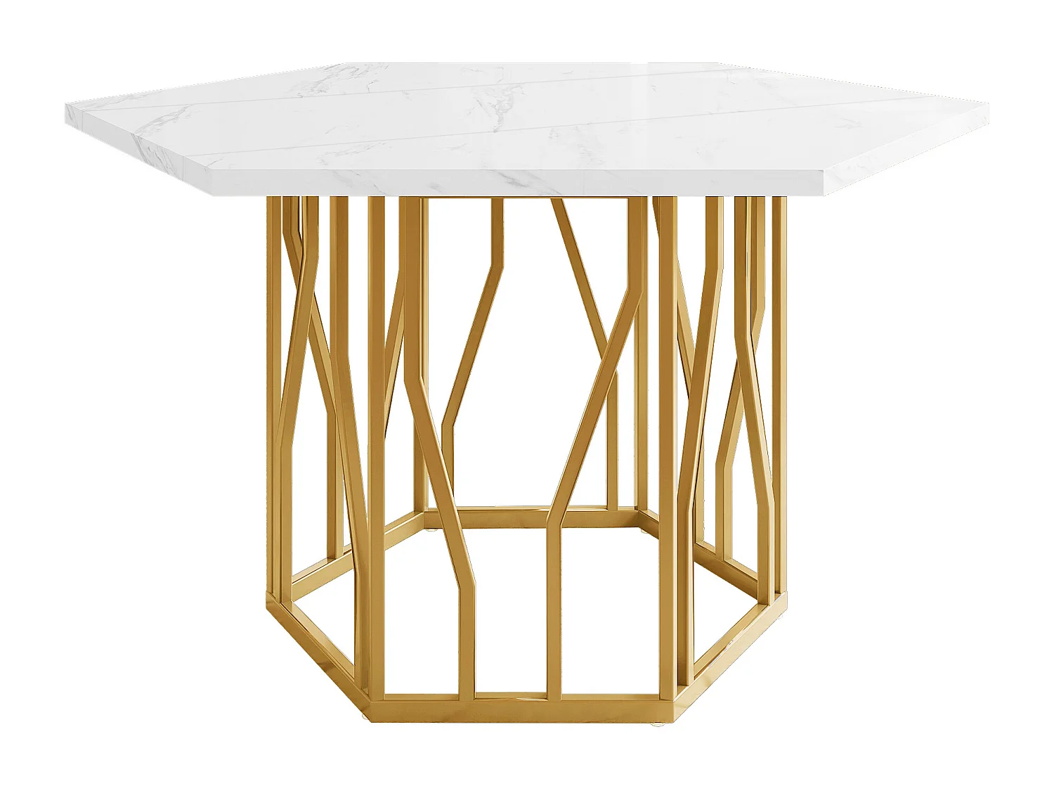 Table à manger hexagonale 115.5x100x75 cm, plateau effet marbre, piètement métal branchage, MDF blanc et acier doré