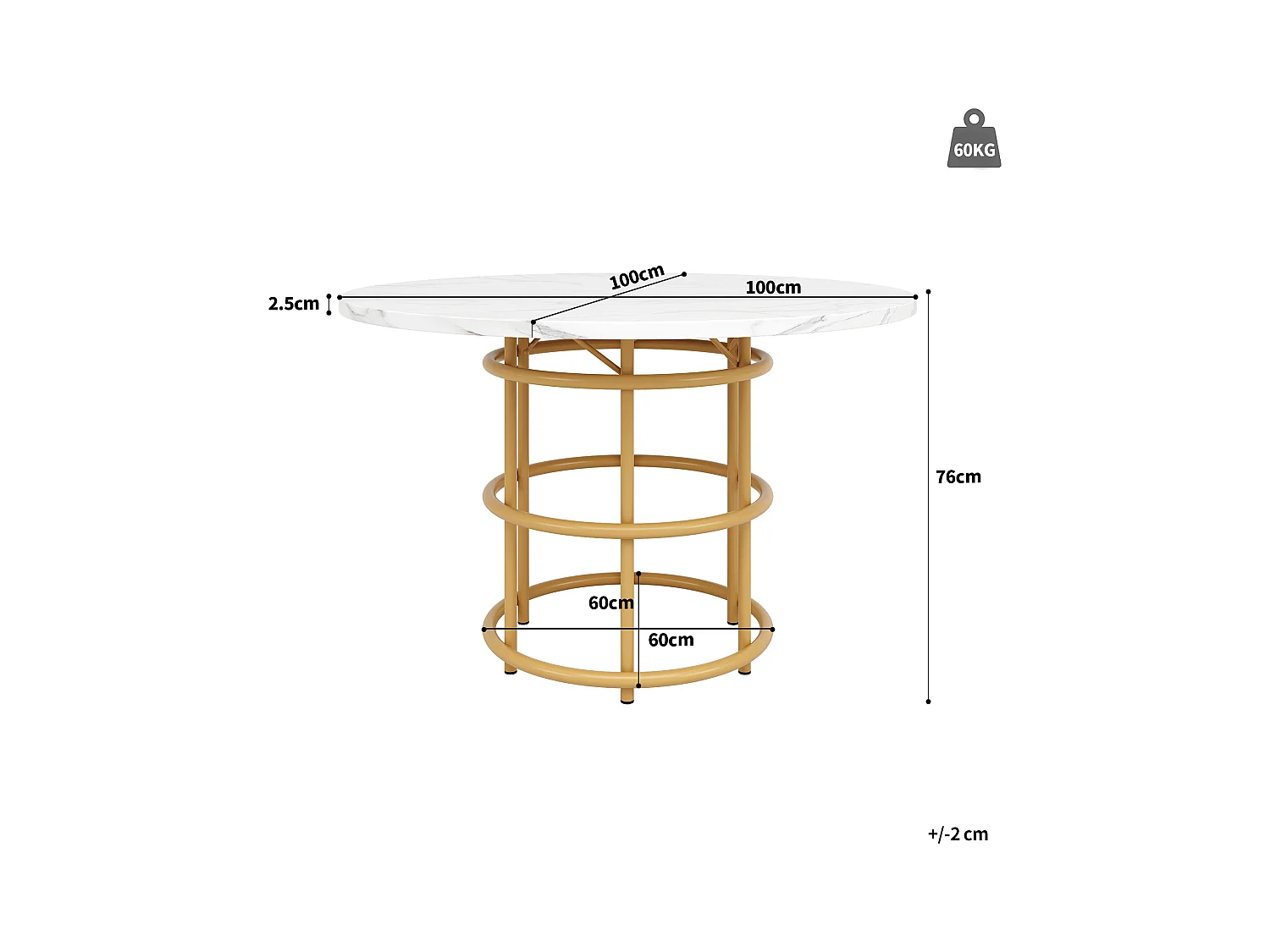 Table à manger ronde 100x100x76 cm 4-6 personnes - pieds en métal doré - blanc