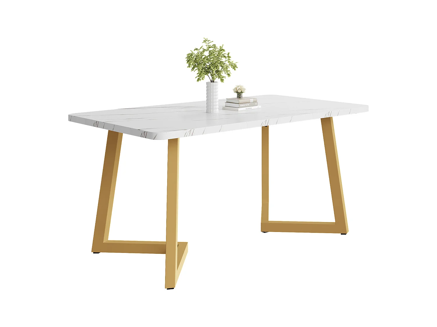Table à manger table basse rectangulaire pour 4-6 personnes - pied en métal doré - plateau en MDF blanc (117x68x75 cm)