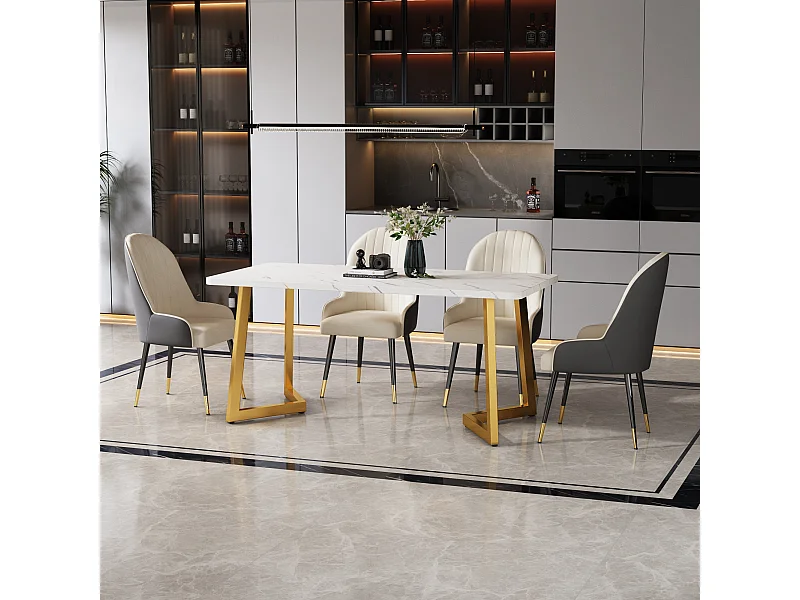 Table à manger table basse rectangulaire pour 4-6 personnes - pied en métal doré - plateau en MDF blanc (117x68x75 cm)