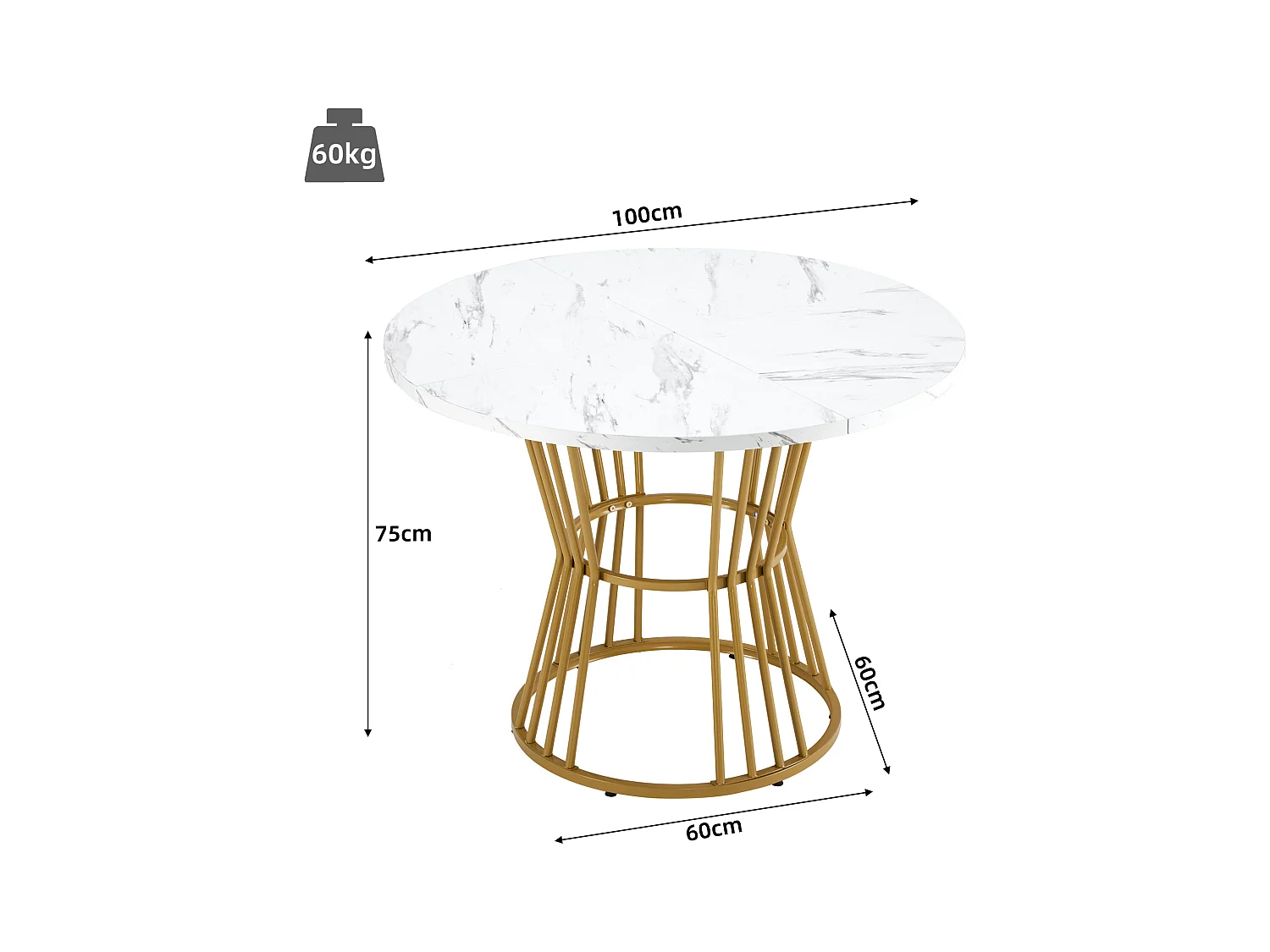 Table à manger table basse ronde pour 4-6 personnes - pieds en métal doré - blanc (100 x 100 x 75 cm)