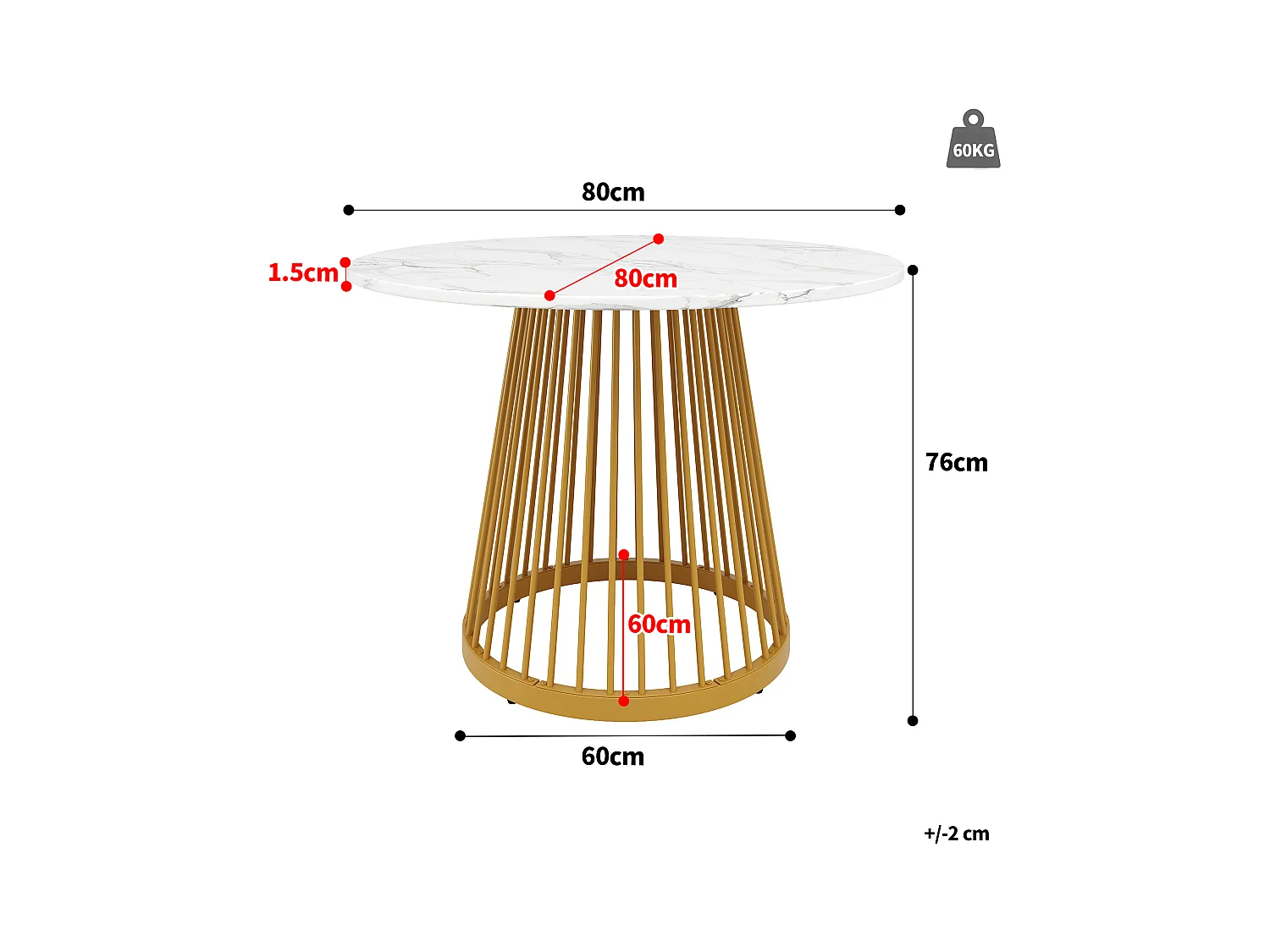 Table à manger table basse ronde pour 4 personnes - pied en métal doré - plateau mdf motif marbre blanc (80x80x76 cm)