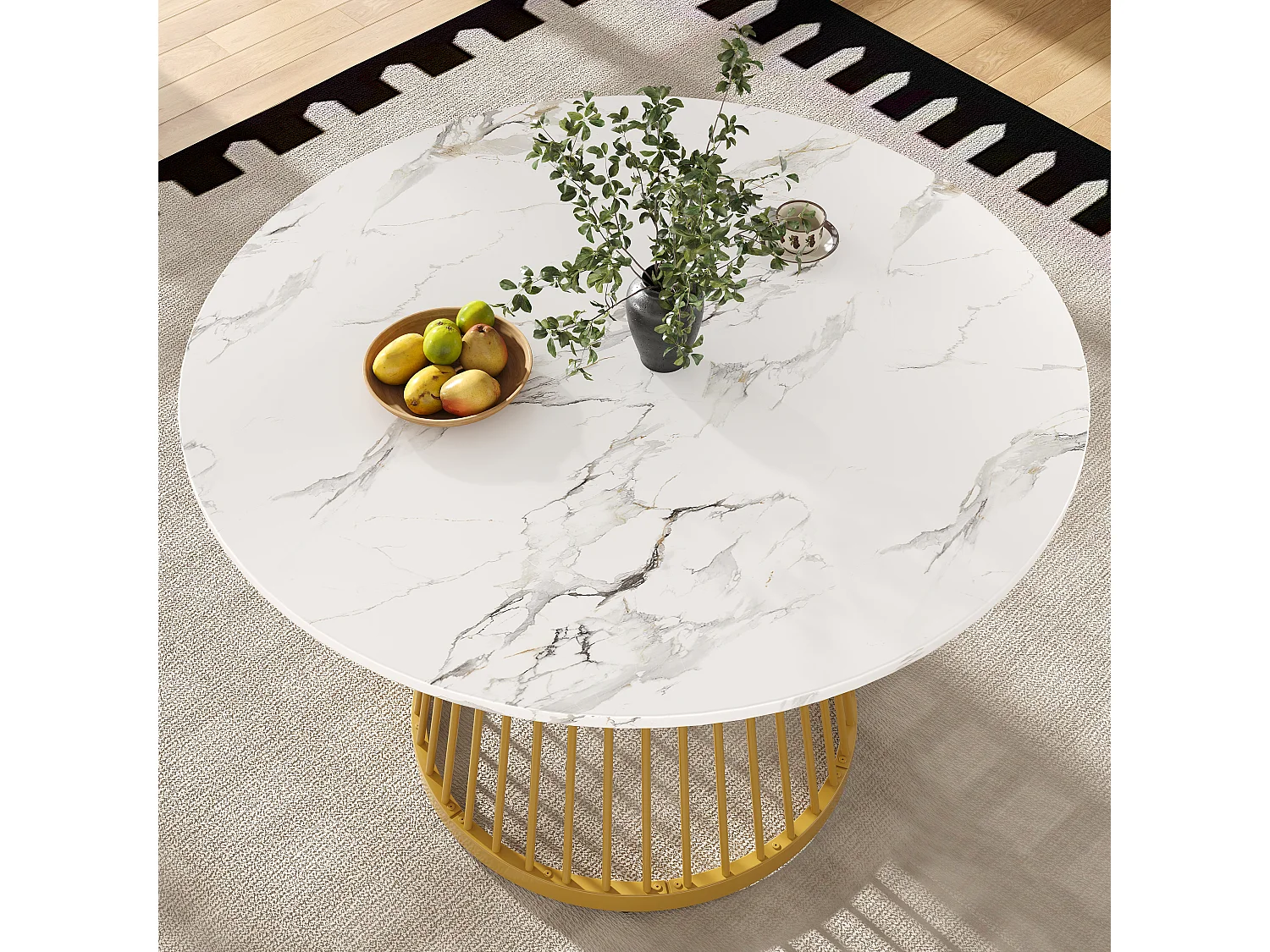 Table à manger table basse ronde pour 4 personnes - pied en métal doré - plateau mdf motif marbre blanc (80x80x76 cm)