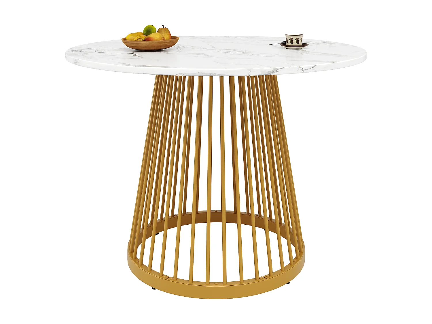 Table à manger table basse ronde pour 4 personnes - pied en métal doré - plateau mdf motif marbre blanc (80x80x76 cm)