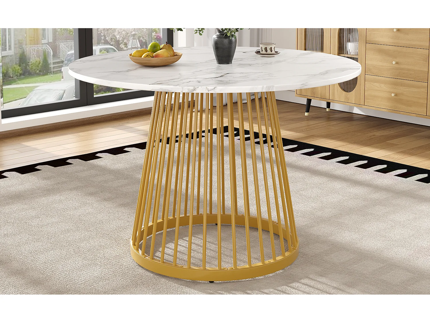 Table à manger table basse ronde pour 4 personnes - pied en métal doré - plateau mdf motif marbre blanc (80x80x76 cm)