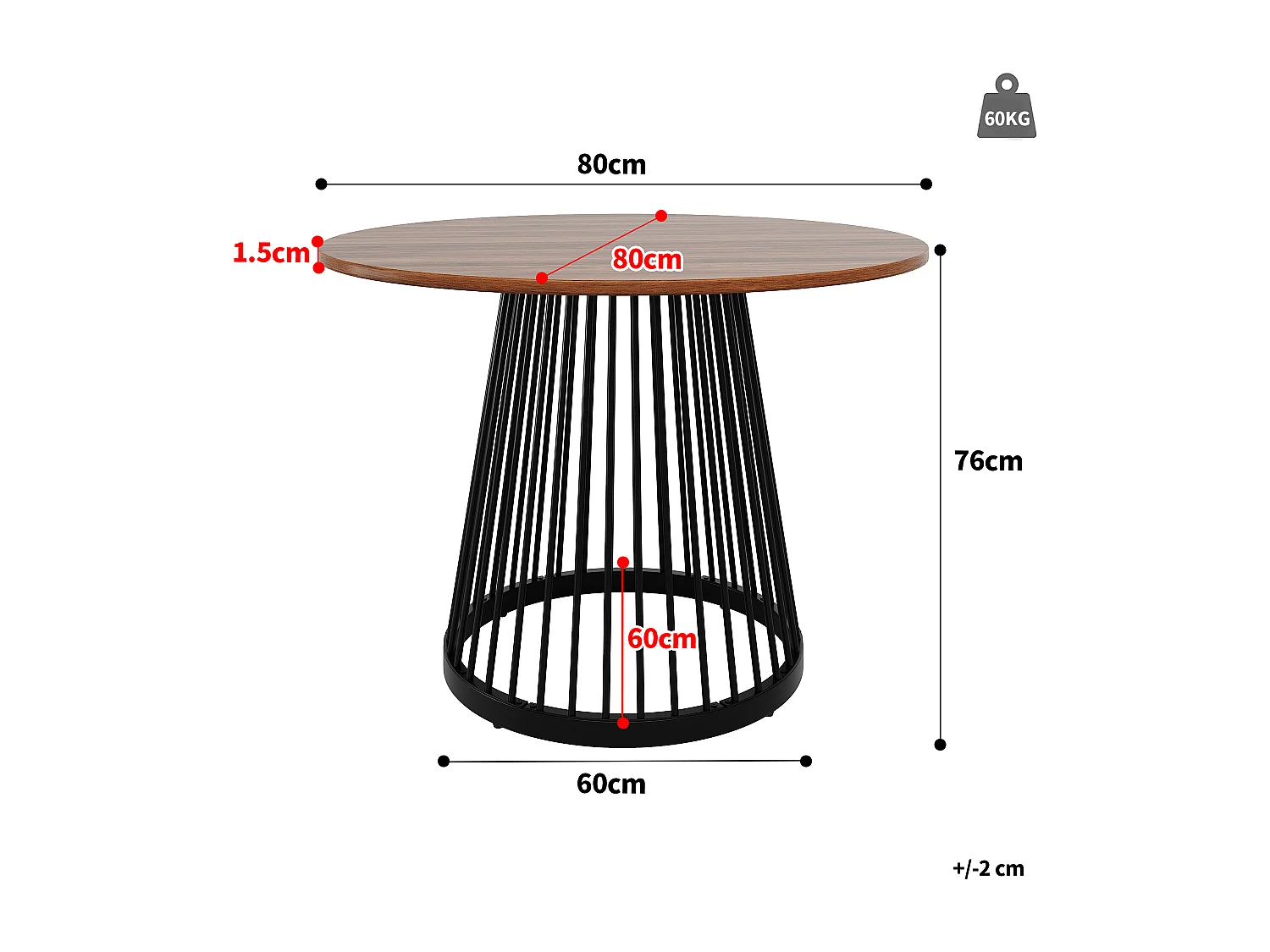 Ronde eettafel voor 4 personen - zwarte metalen poten - notenhouten MDF blad (80x80x76 cm)