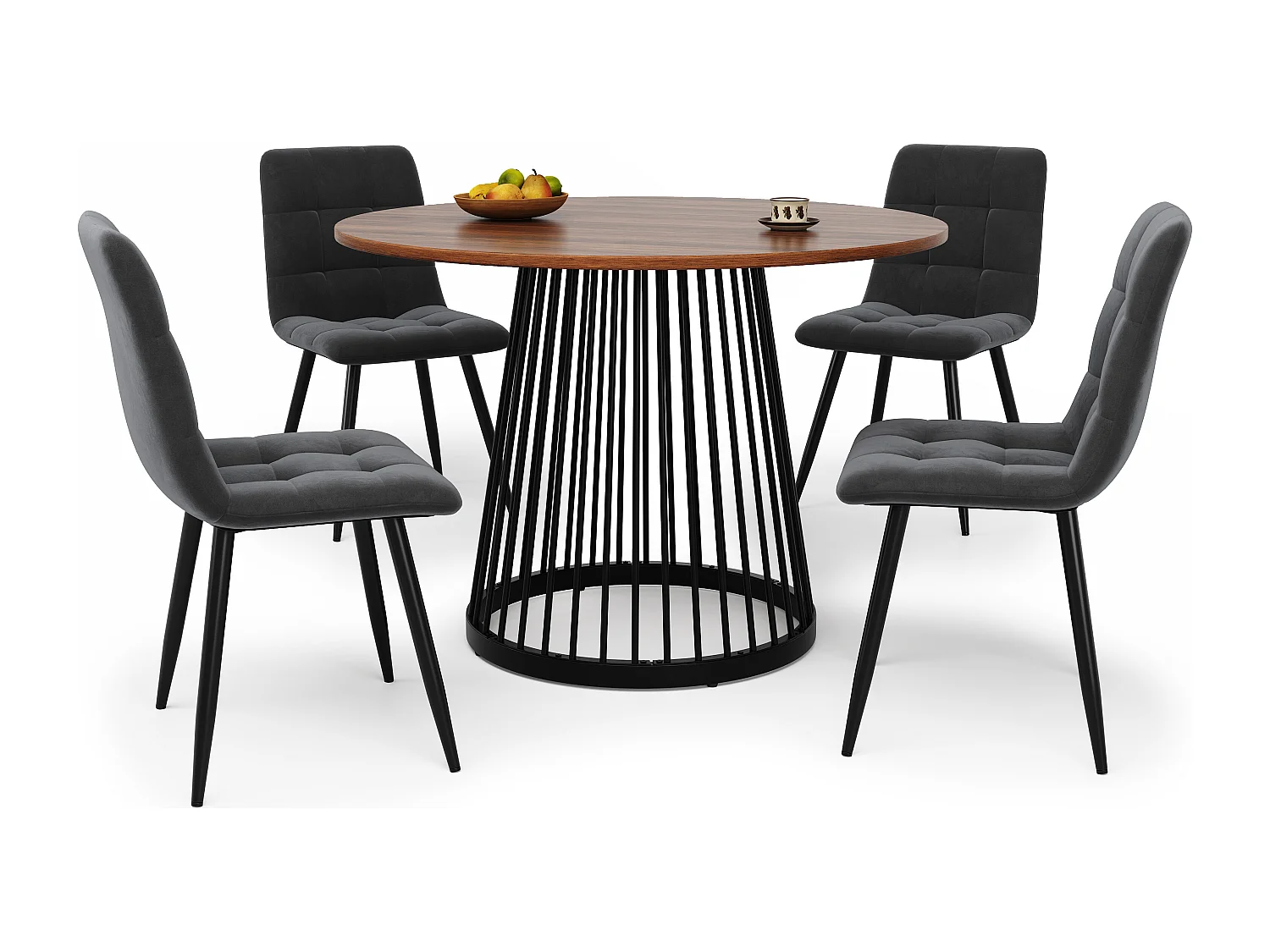 Tavolo da pranzo rotondo per 4 persone - gambe in metallo nero - piano in MDF noce (80x80x76 cm)