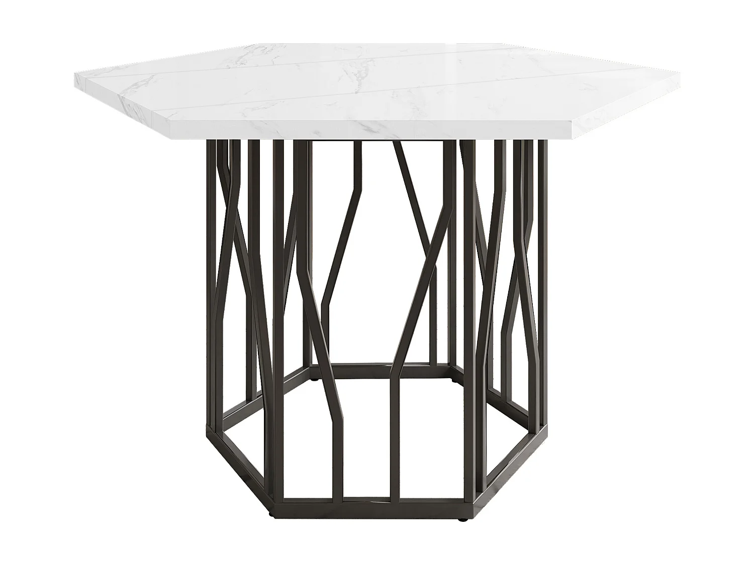 Table à manger hexagonale 115.5x100x75 cm, plateau effet marbre, facile d’entretien, MDF acier, noir blanc