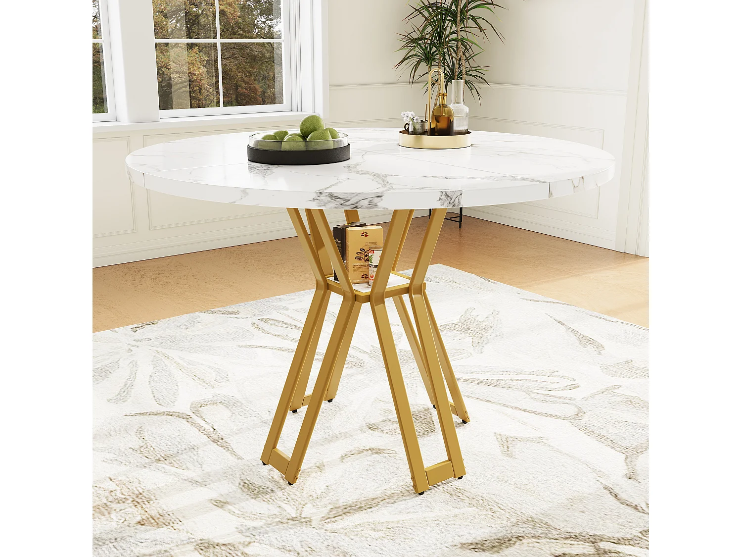 Table à manger ronde 100x100x76 cm, plateau effet marbre, pieds réglables, MDF, blanc et or