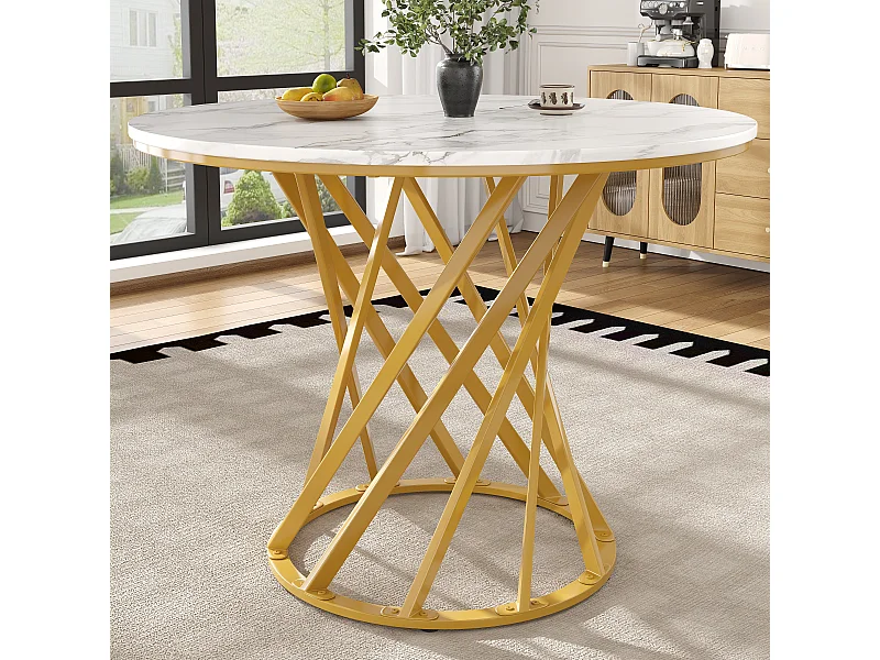 Ronde eettafel voor 4 personen - poten van goudkleurig metaal - blad van MDF met wit marmermotief (80x80x76 cm)