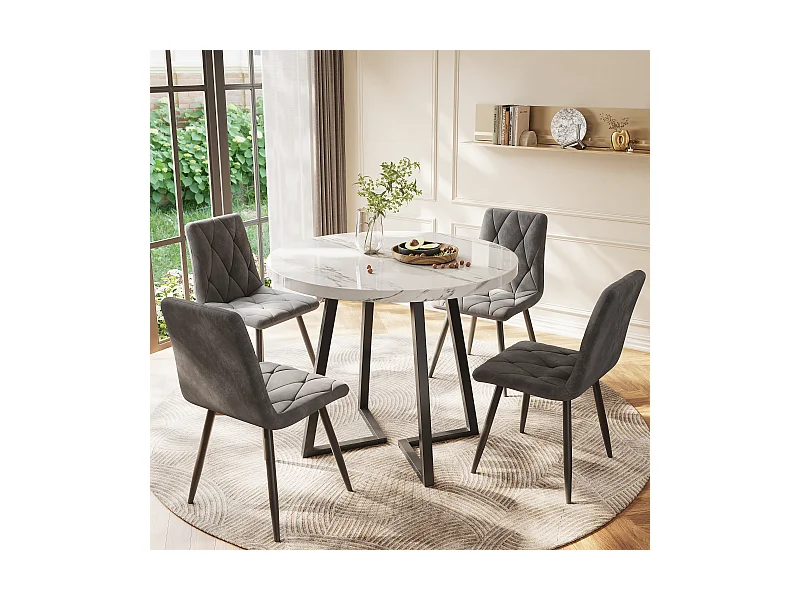 Table à manger table basse ronde pour 4 personnes - pied en métal noir - plateau mdf motif marbre blanc (80x80x75 cm)