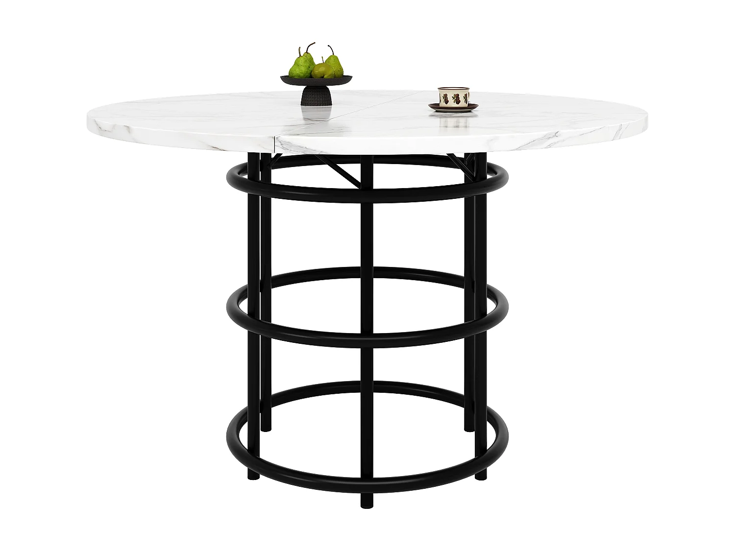 Table à manger 100x100x76 cm, plateau effet marbre, pieds réglables, structure métal, MDF noir