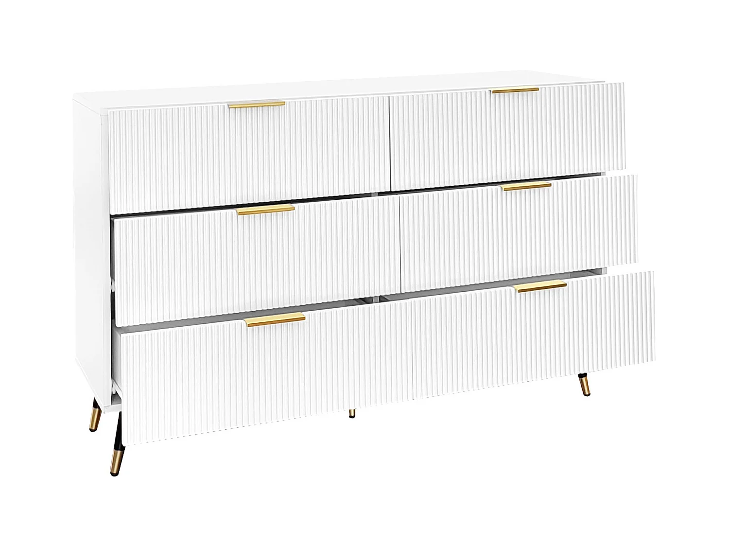 Buffet 120x40x77 cm avec 6 tiroirs blanc meuble de rangement en bois chambre et salon - poignées et pieds en métal