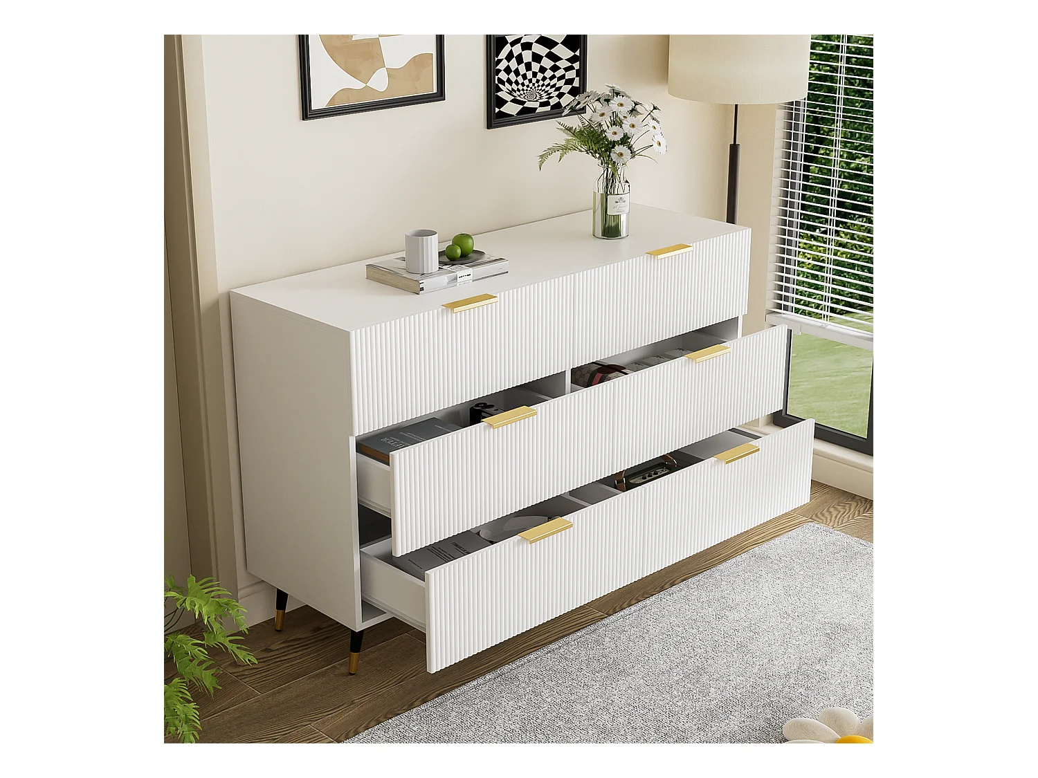 Commode avec 6 tiroirs blanc meuble de rangement en bois chambre et salon - poignées et pieds en métal 120x40x77 cm
