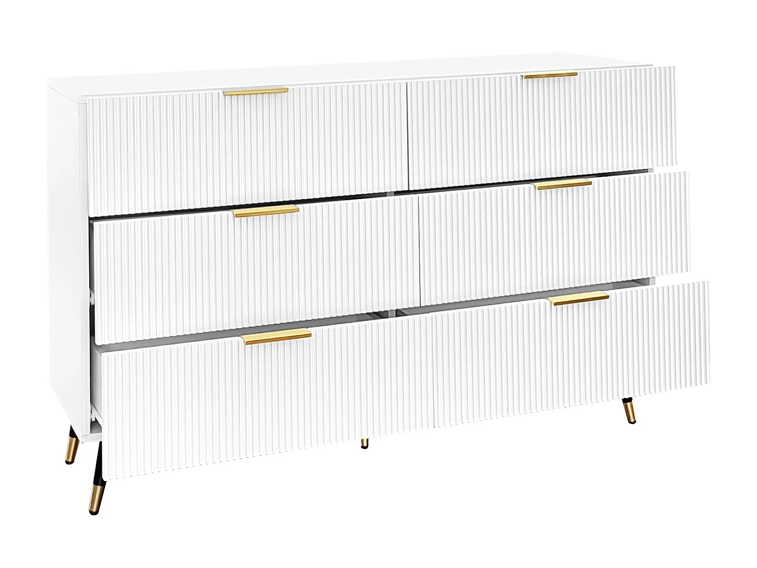 Buffet 120x40x77 cm avec 6 tiroirs blanc meuble de rangement en bois chambre et salon - poignées et pieds en métal