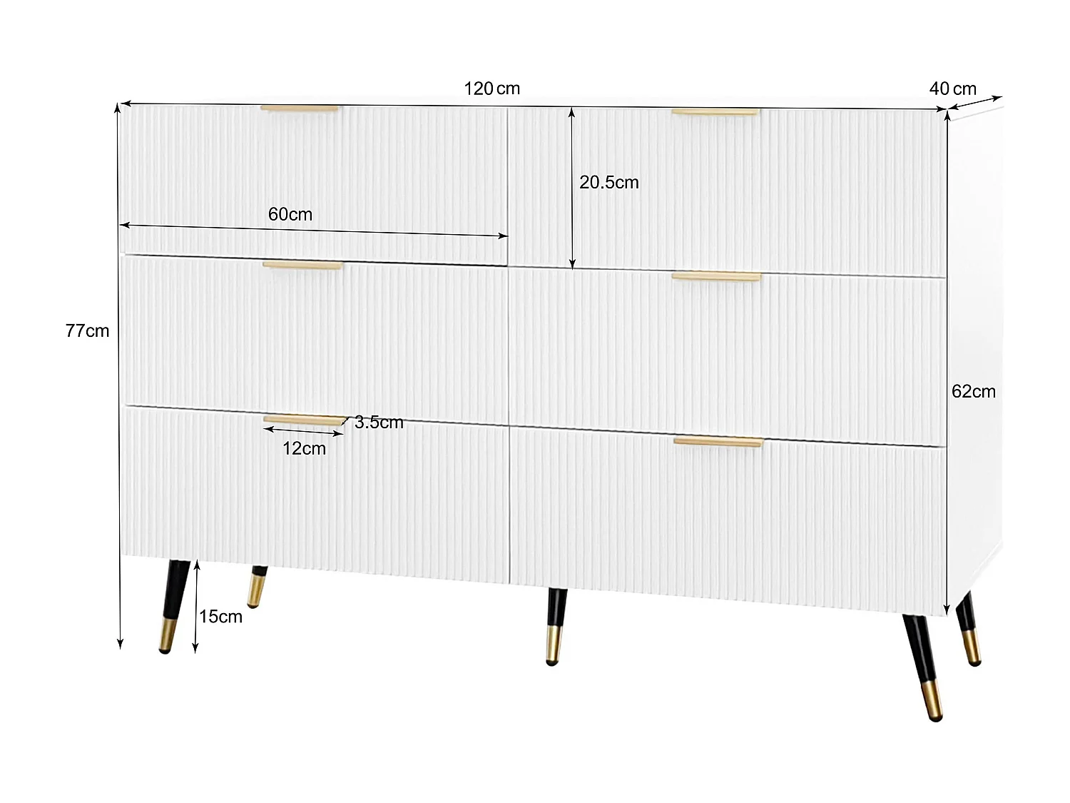 Buffet 120x40x77 cm, 6 tiroirs, design minimaliste, surface ondulée, panneaux de particules blanc