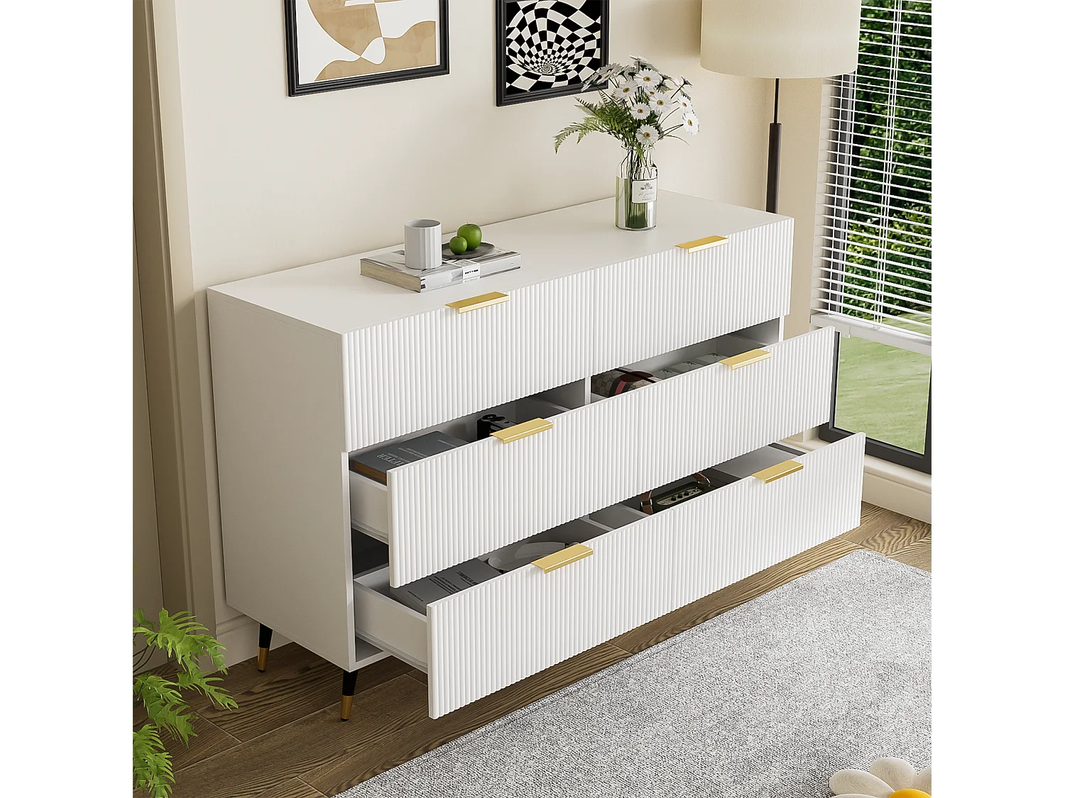 Buffet 120x40x77 cm avec 6 tiroirs blanc meuble de rangement en bois chambre et salon - poignées et pieds en métal