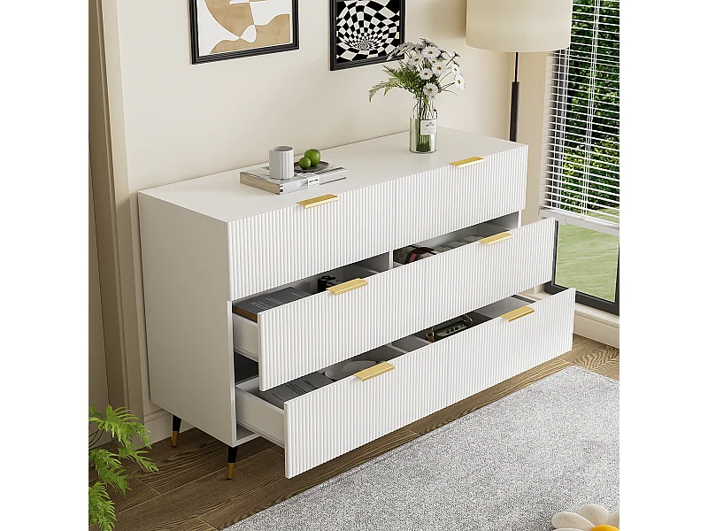 Ladekast met 6 witte laden, houten opbergmeubel voor slaapkamer en woonkamer - metalen handgrepen en poten 120x40x77 cm