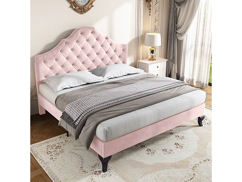Lit adulte 140x200 avec sommier - tête de lit réglable en hauteur - cadre de lit en bois - velours rose (sans matelas)