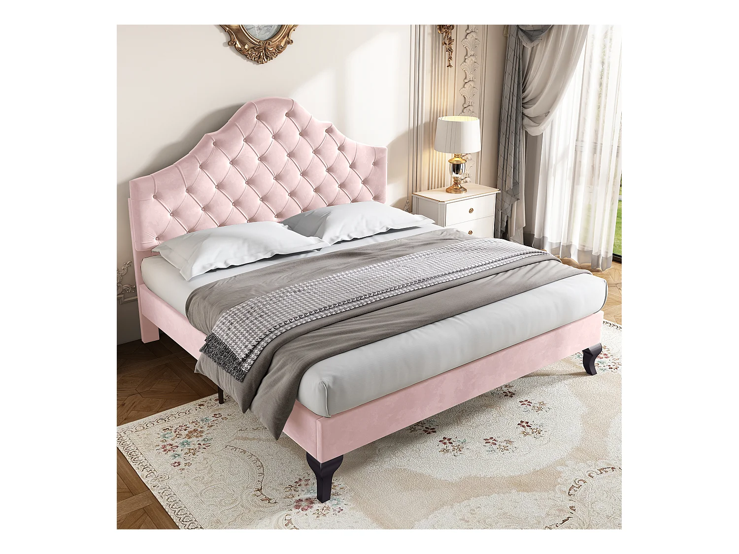 Lit adulte double 140x200 avec sommier - tête de lit réglable en hauteur - cadre de lit en bois - velours rose (sans matelas)